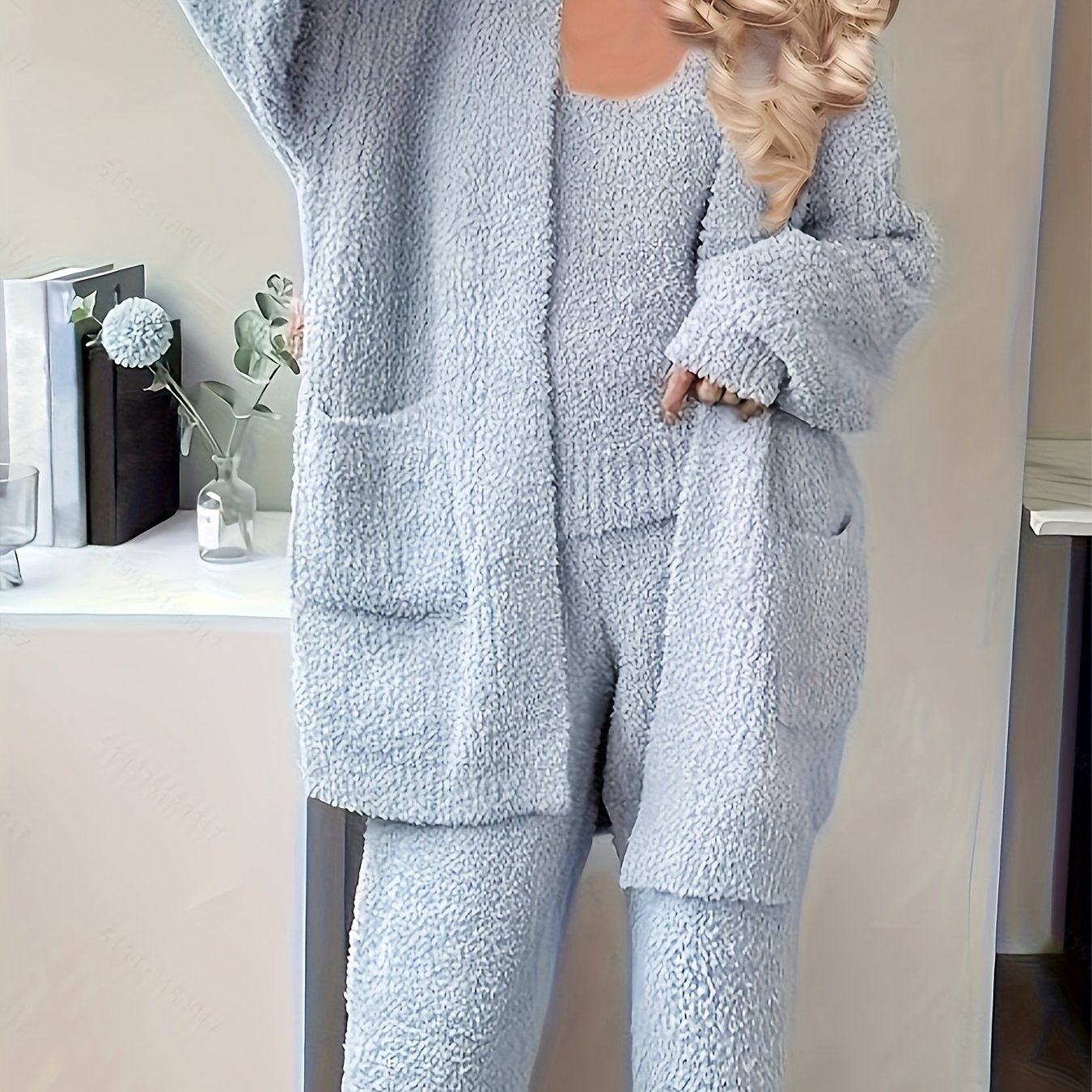 Image of 3pcs Women's Pajamas & Nightgowns Pajamasuit - Long Pants Sleepwear Set, Soft Solid Color Robe With Matching Sleepwear, Machine Washable Nightgown For S (3pcs)