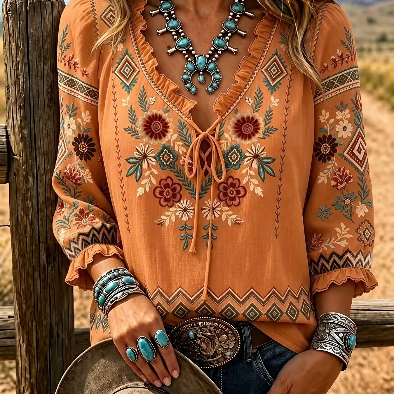 TEMU Plus Size Women's Printed Bohemian Style Casual Shirt, Tie-neck V-neck Mid-length Puff Sleeve Top