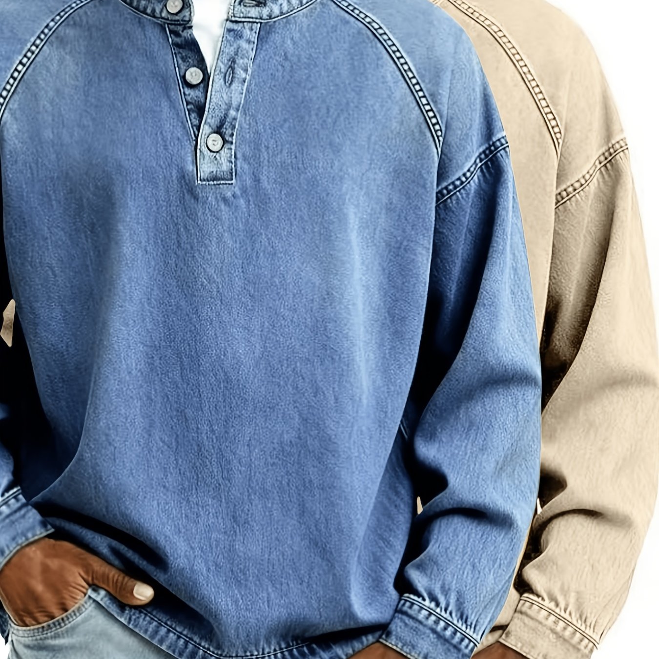 Image of 2pcs Men's Washed Denim Henley Sweatshirt, Vintage Raglan Sleeve Half-button Pullover Top, Loose Casual Long-sleeve Shirt For Daily Wear