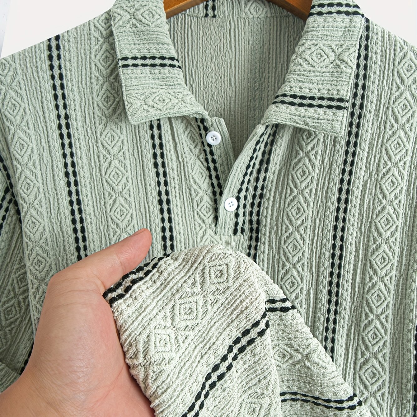 TEMU Men's Textured Knit Shirt, Short Sleeve Geometric Pattern Casual Top For Summer Beach