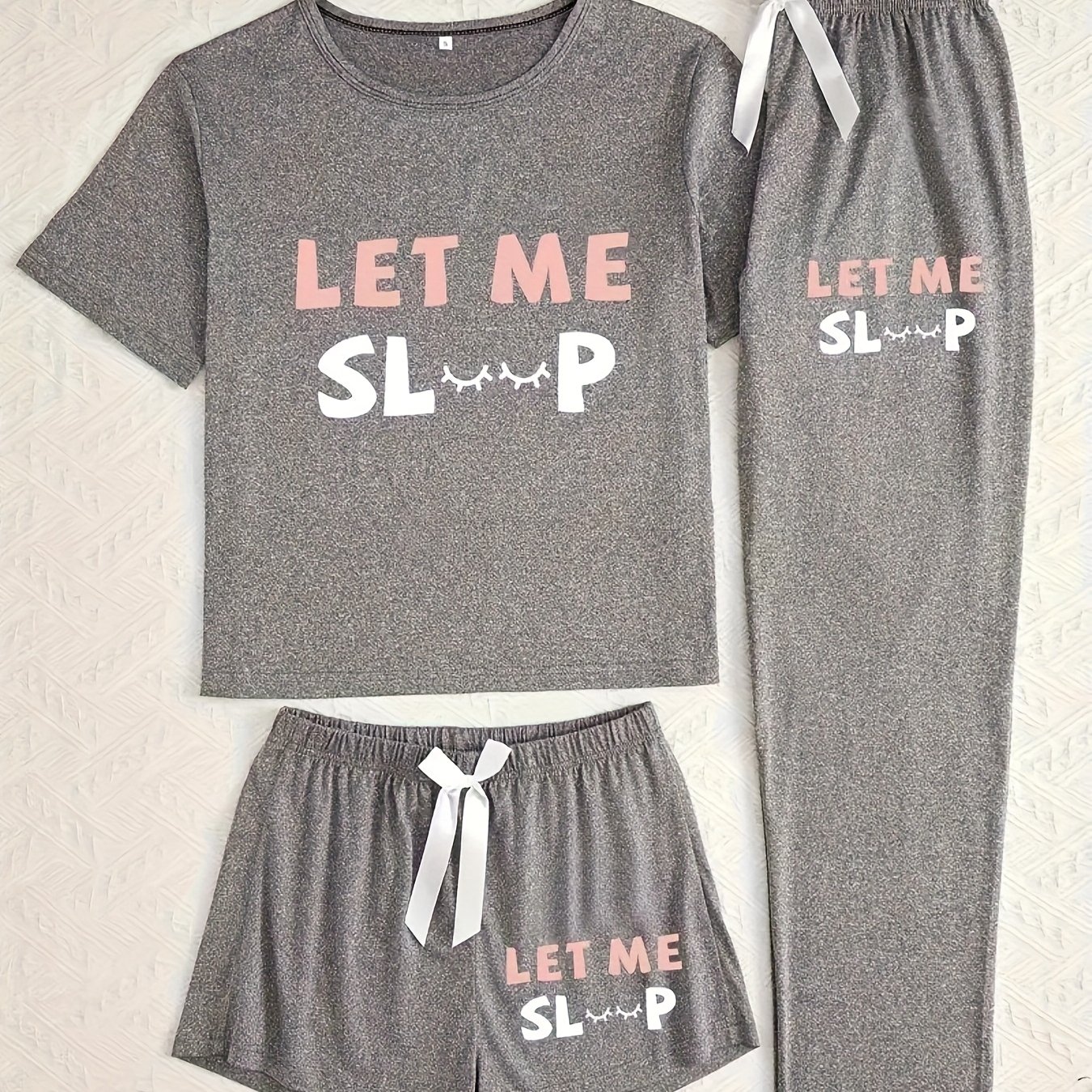 TEMU Women's Gray Three-piece Set Of Long Pants, Short Sleeves And Shorts With Print Pajama Set