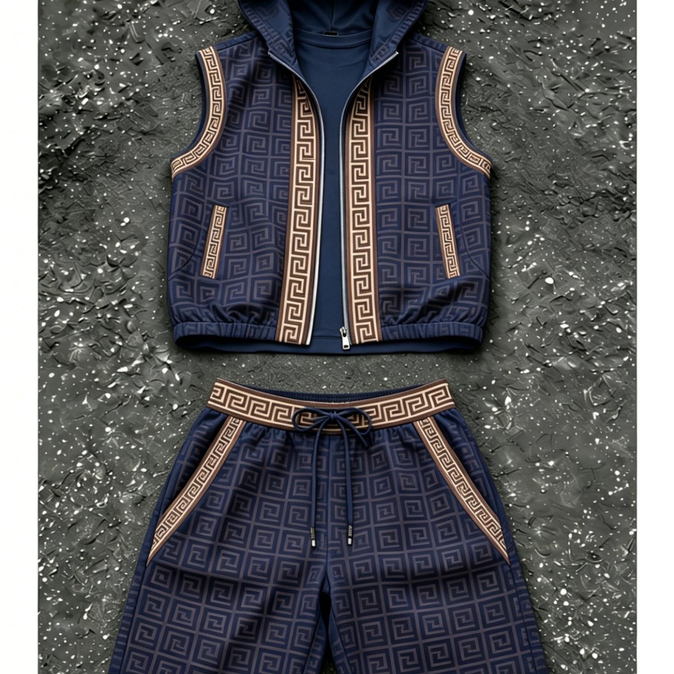 TEMU Ensemble costume décontracté 2 pièces pour homme : gilet à capuche manches zippé et short de sport à taille avec cordon de serrage. Motif