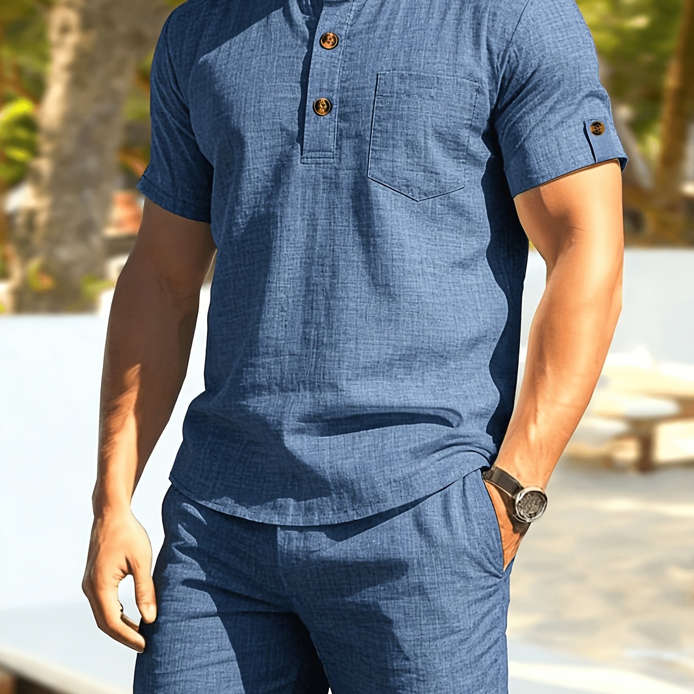 E-shop 2-teiliges Set, neues Sommer-Stil-Set für Herren, modisches elegantes minimalistisches einfarbiges Kurzarm-T-Shirt mit Knopfleiste Shorts,