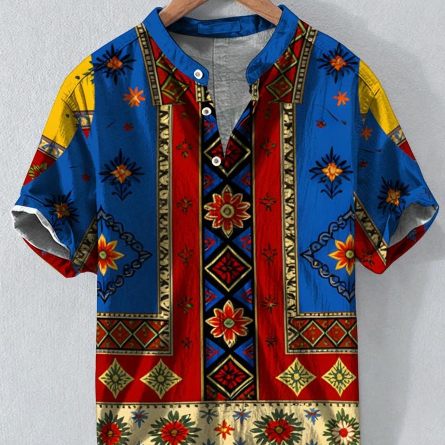 Image of Men's Shirt With Mixed Colors And Multiple Specs, Comfortable Fabric, Vibrant Traditional Pattern (intricate Floral And Geometric , Rich Colors), Style, Ideal For Daily And Casual Wear, Fashionable