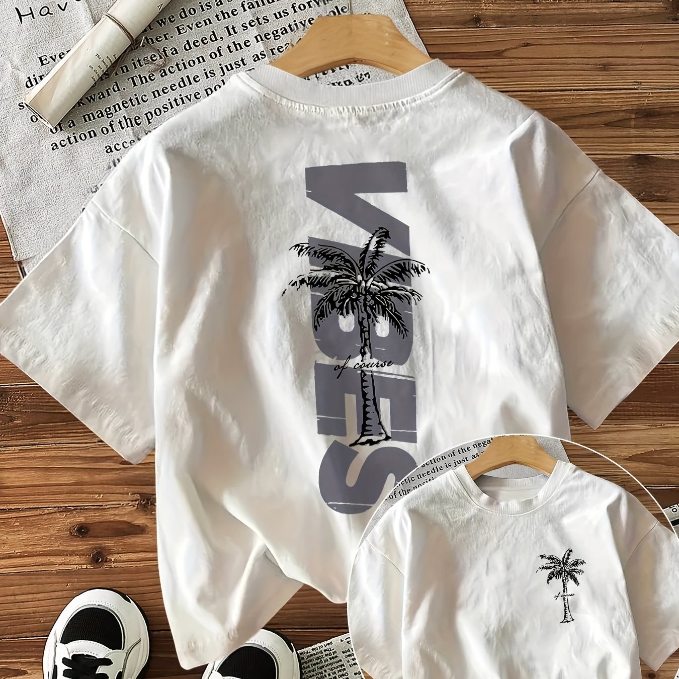 Image of Coconut Tree & Letter Print T-shirt, Short Sleeve Crew Neck Casual Top For Summer & Spring, Women&;s Clothing