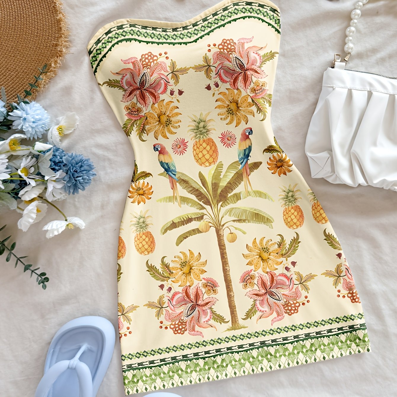 TEMU Style Tube Top Dress For Women, Summer Coconut Tree, Pineapple, And , Placement Print, Waist-cinching Hip-hugging Hot Short Dress