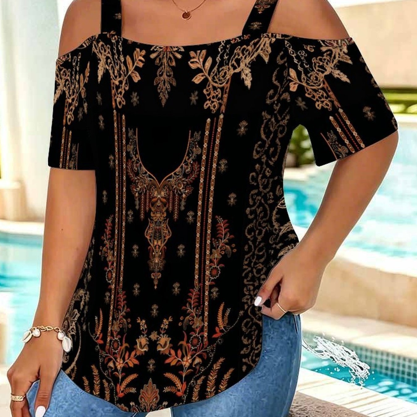 Image of Plus Size - Ladies' Fashionable Large Size Halter Short-sleeved Shirt, One-shoulder Neckline Design, Fashionable And Elegant Style, Pattern