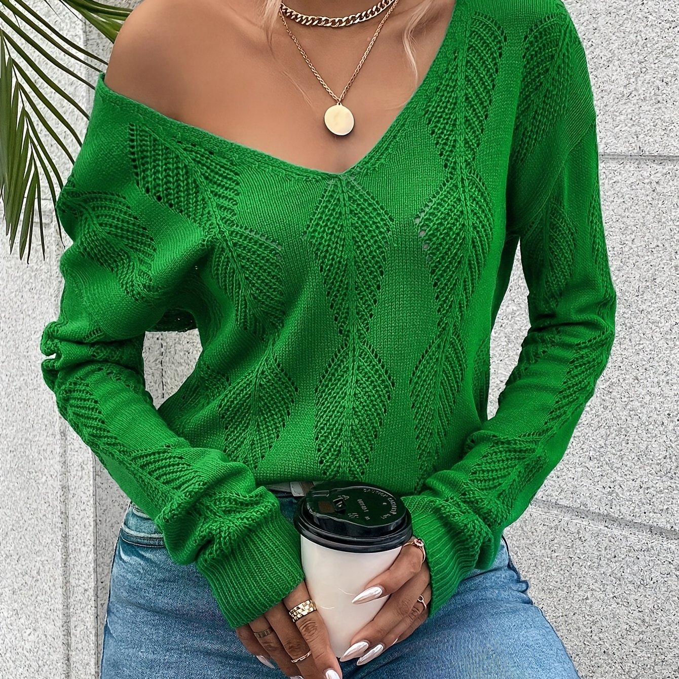 TEMU Elegant Women' Color Button-back Hollow-out Sweater