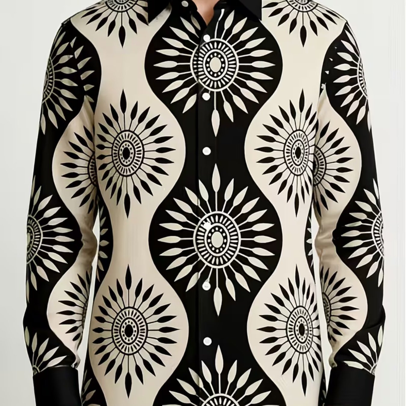 TEMU Fashion Casual Geometric Pattern Print Long Sleeve Shirt, Men's Western Street Style Individual Shirt