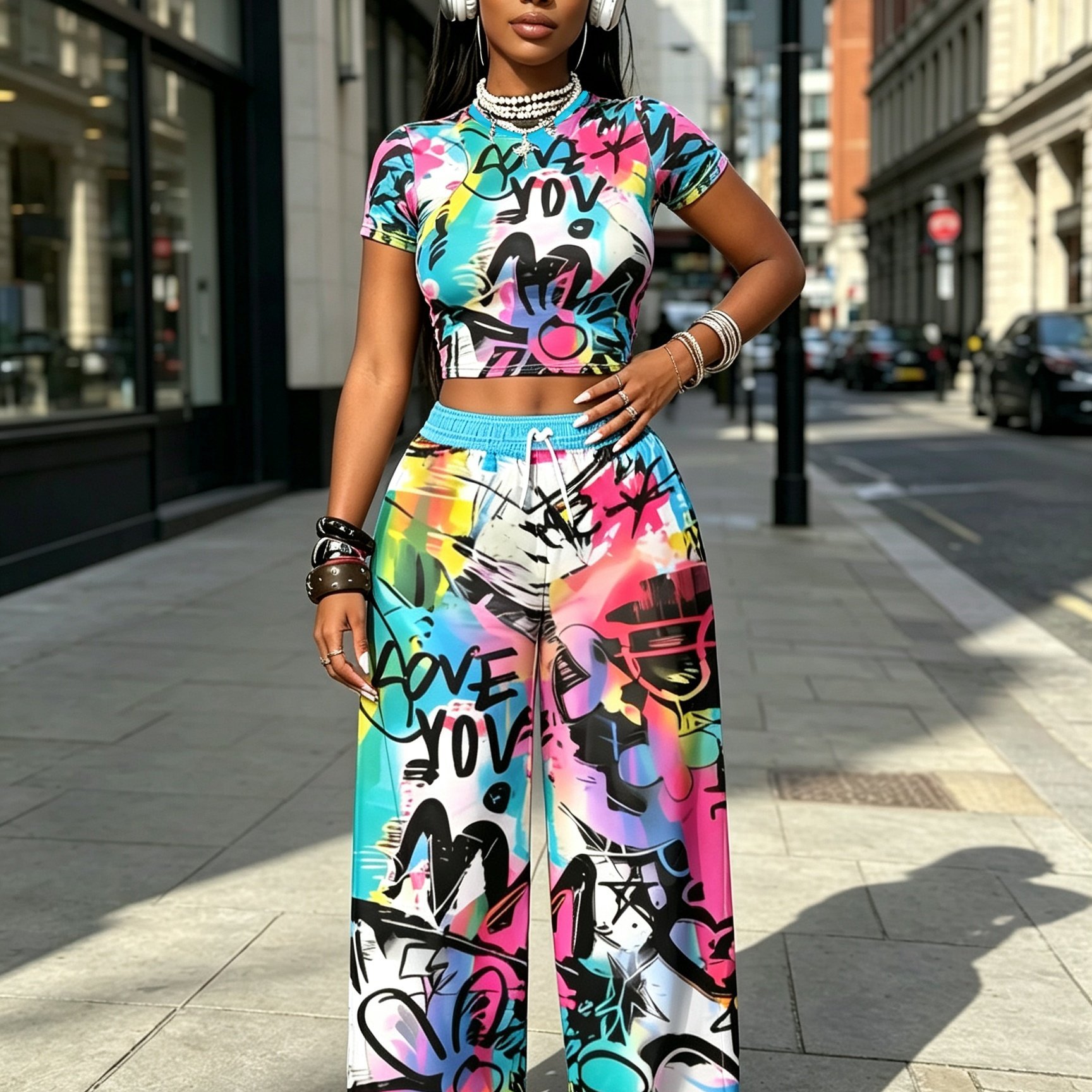 TEMU Y2k Women' Size Gradient Graffiti Short Sleeve Wide-leg Pants Set, Colorful Gradient Letter Print High-waist Loose Fit Look, Spicy Style Casual