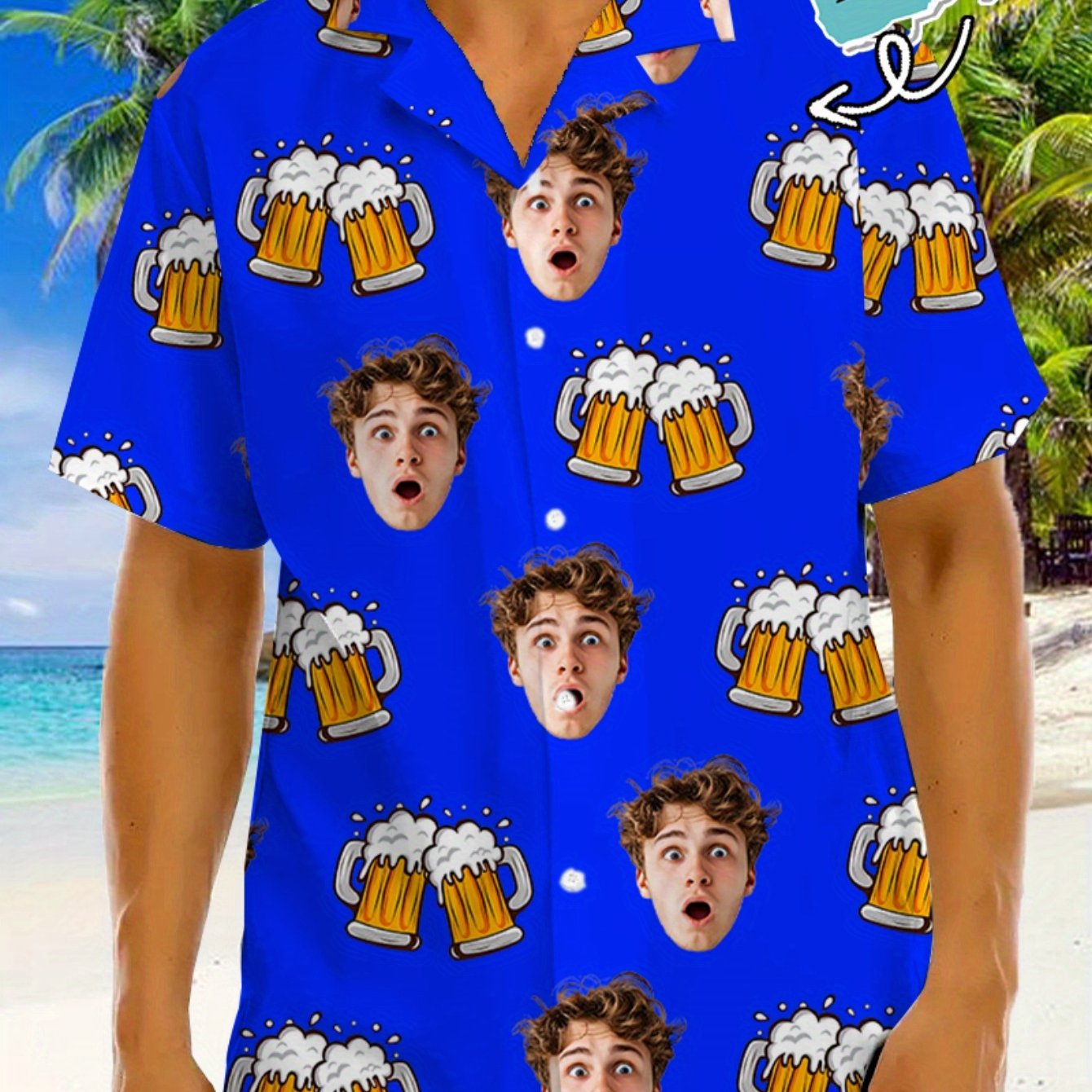 TEMU Men's Customizable Hawaiian Shirt - Personalized Full-face Image & Beer Print With Logo, Lightweight Polyester Tropical Shirt For Summer Beach