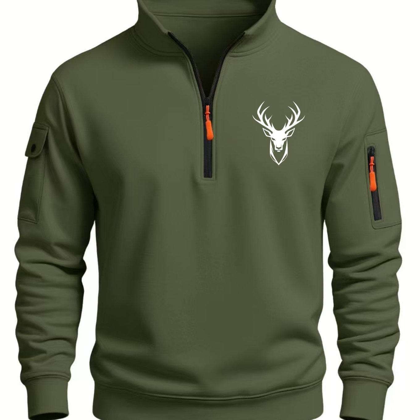 TEMU Men's Fashion Half-zip Stand Collar Sweatshirt, Featuring A Unique Half-opening Zipper Collar And A Stag Head Print On For A Visual Highlight.