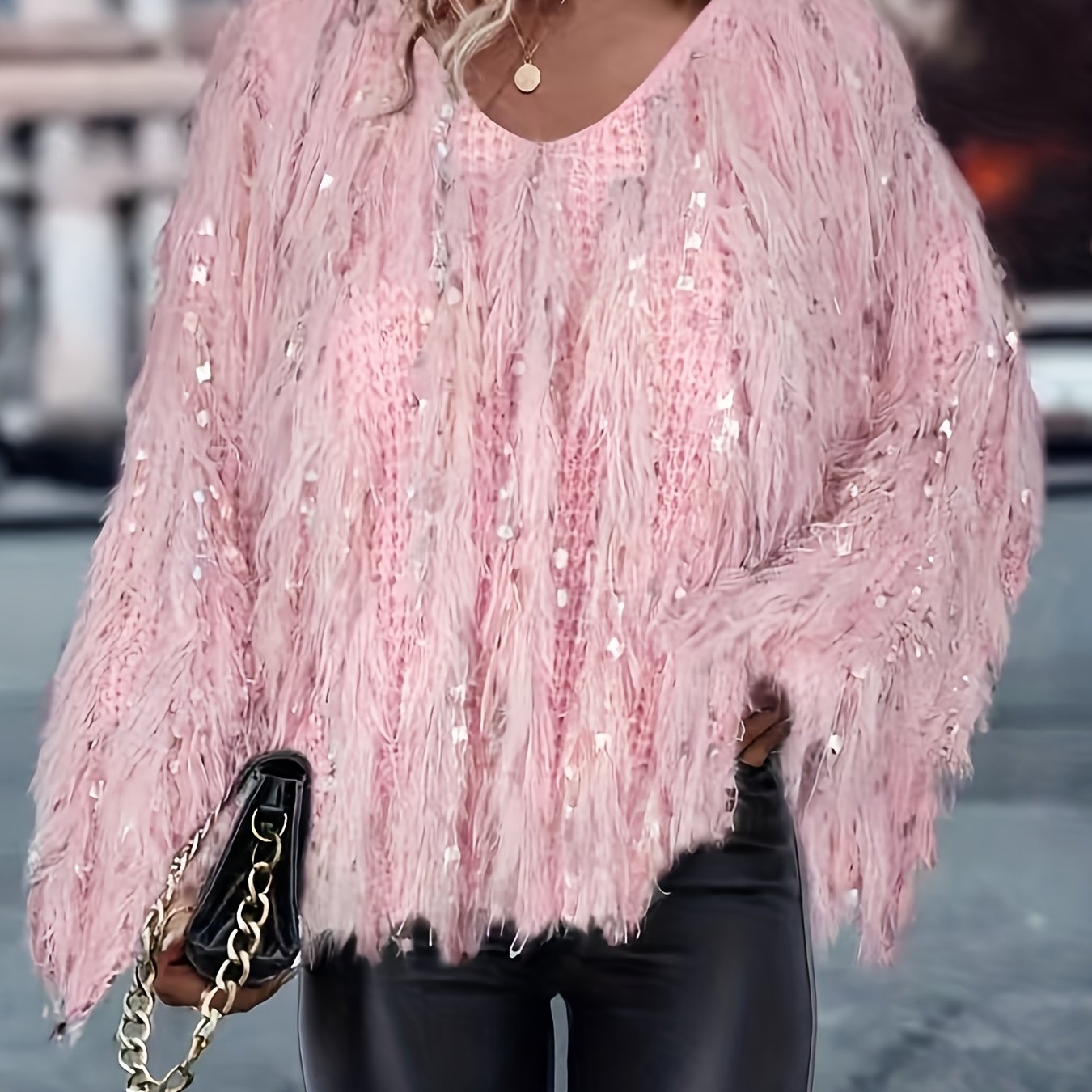 Image of Women's Semi-sheer V-neck Fringe Sweater - Soft Fringe Trim Long Sleeve Pullover Sweater Suitable For Fall/winter Layering, Casual V-neck Sweater For Blouses (no Concerns, Fringe)
