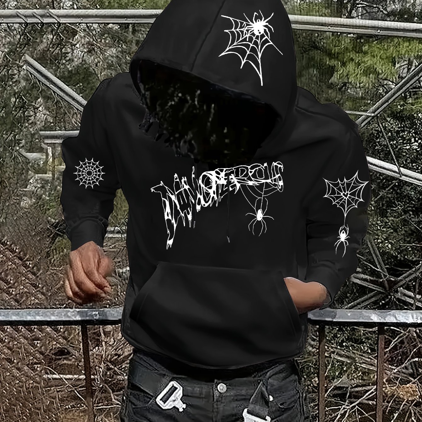 TEMU Dark Gothic Spiderweb Y2k Men's Hooded -lined Sweatshirt, Unisex Pullover Hoodie, Fall/winter Long Sleeve Jacket, Dark Gothic Style -lined