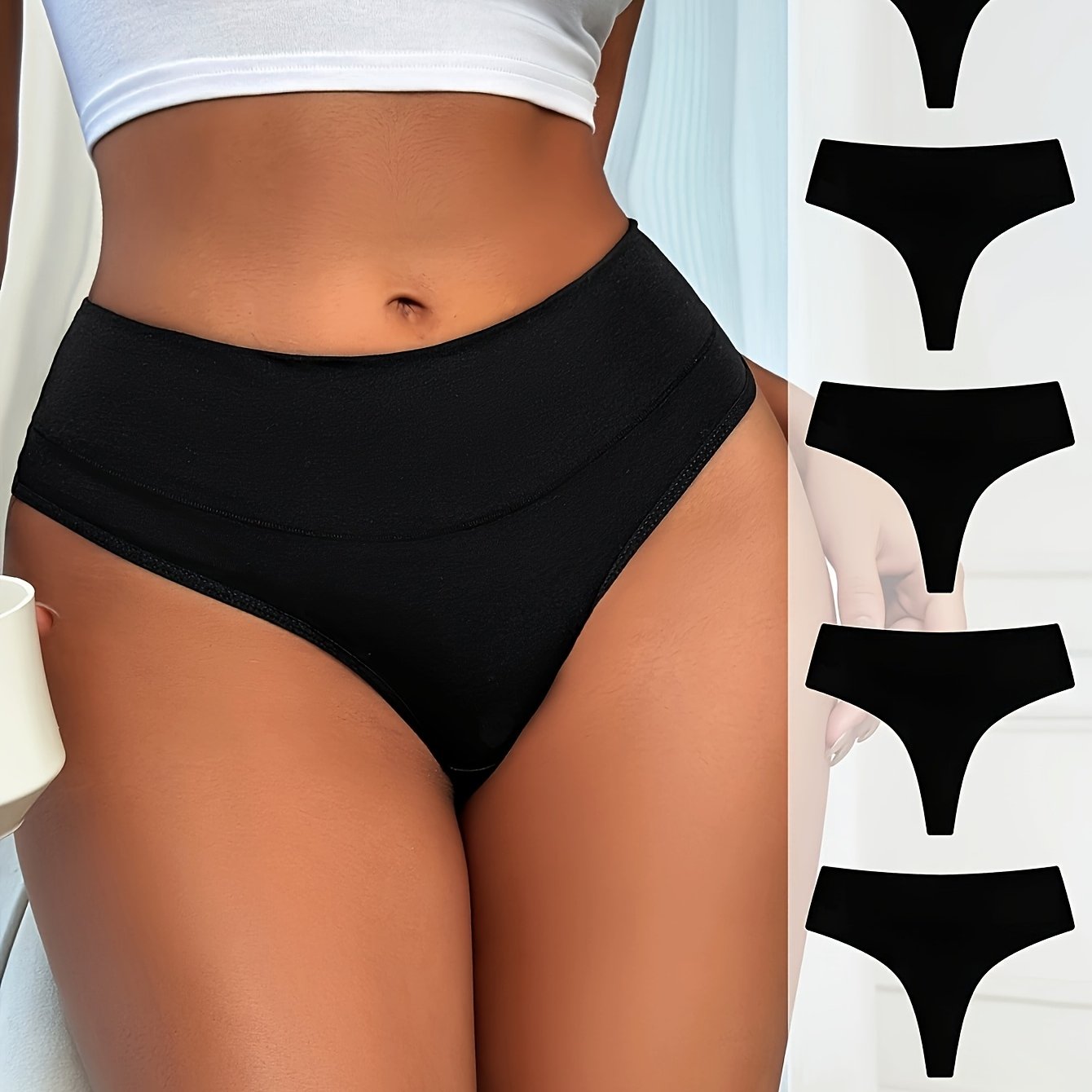 Image of 5-pack Women&;s High-waist Thongs - Sexy, Comfortable, And Breathable For Casual Attire, Comfortable Thongs | Sexy Highwaist Thongs | Smooth Texture