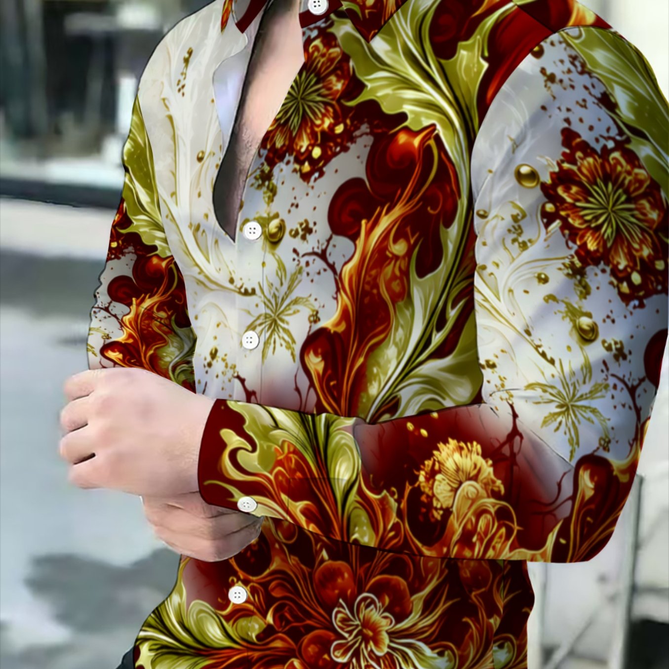 TEMU Men's Luxurious Red And Golden Baroque Shirt, A Stylish Long-sleeve Collared Shirt For Upscale Parties