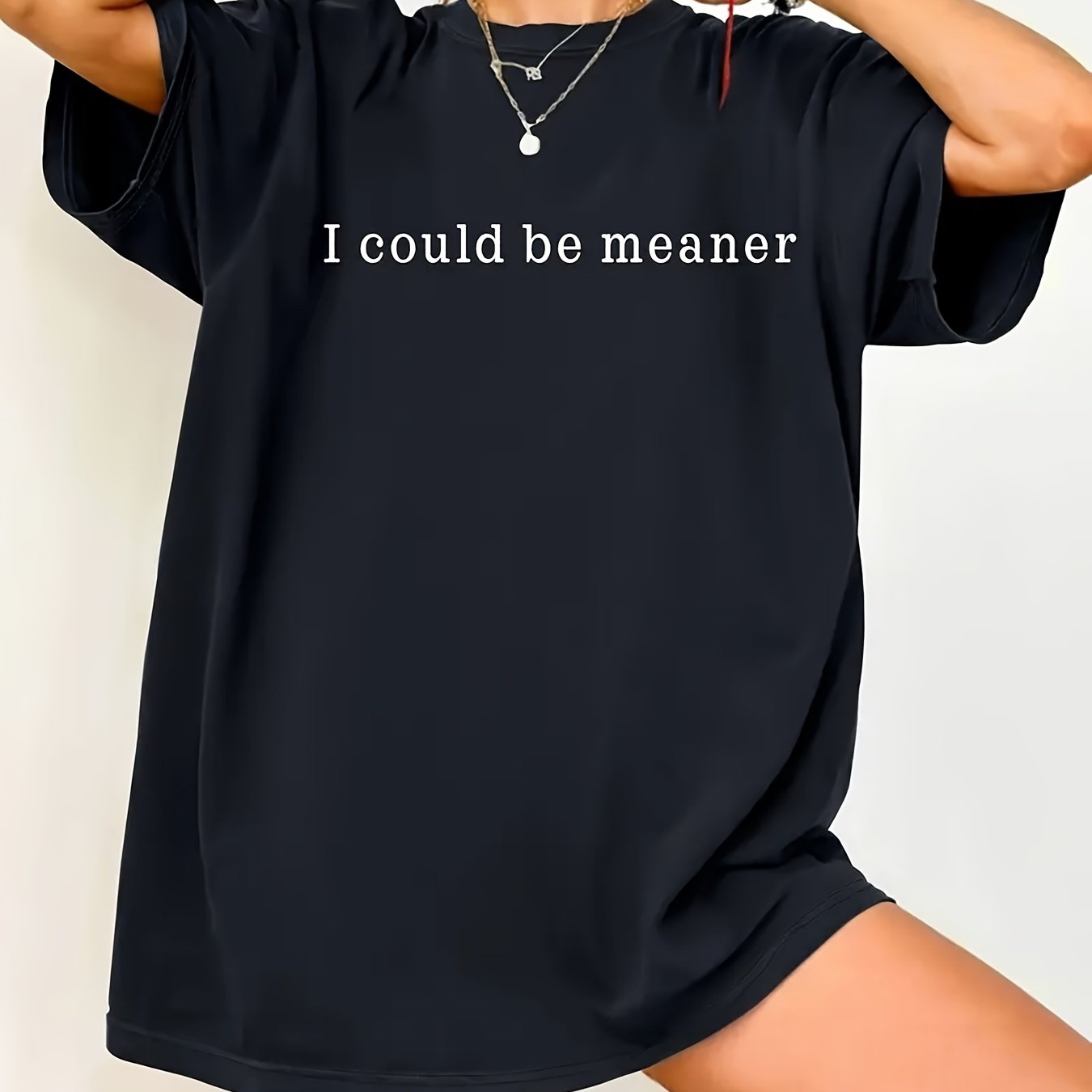 TEMU Women's Plus Size "i Meaner" Sassy Slogan T-shirt - Lettering Casual Crew Neck Short Sleeve Top, Empowering Statement Tee For Wear, Machine