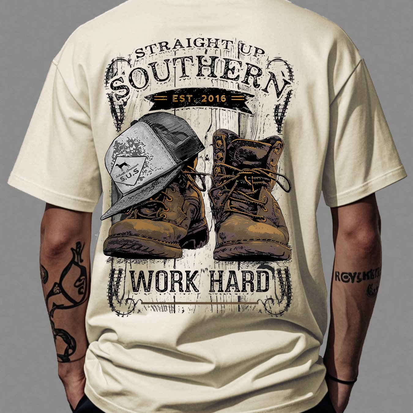Men's 100% Cotton Vintage Work Boots & Hat Print T-shirt - Relaxed Fit Short Sleeve Crew Neck Casual Tee, Durable For , Machine Washable Loose For Streetwear & Outdoor Work Attire