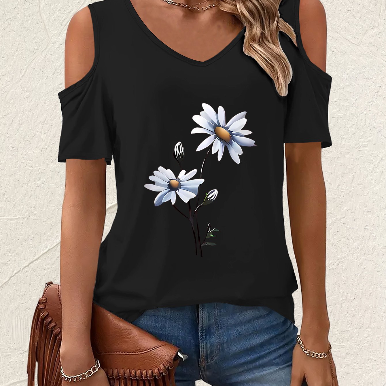 TEMU Blouse Femme à Manches Courtes Décontractée avec Imprimé Marguerite et Design Épaule Dénudée - , Coupe Confortable Lavable en Machine, de