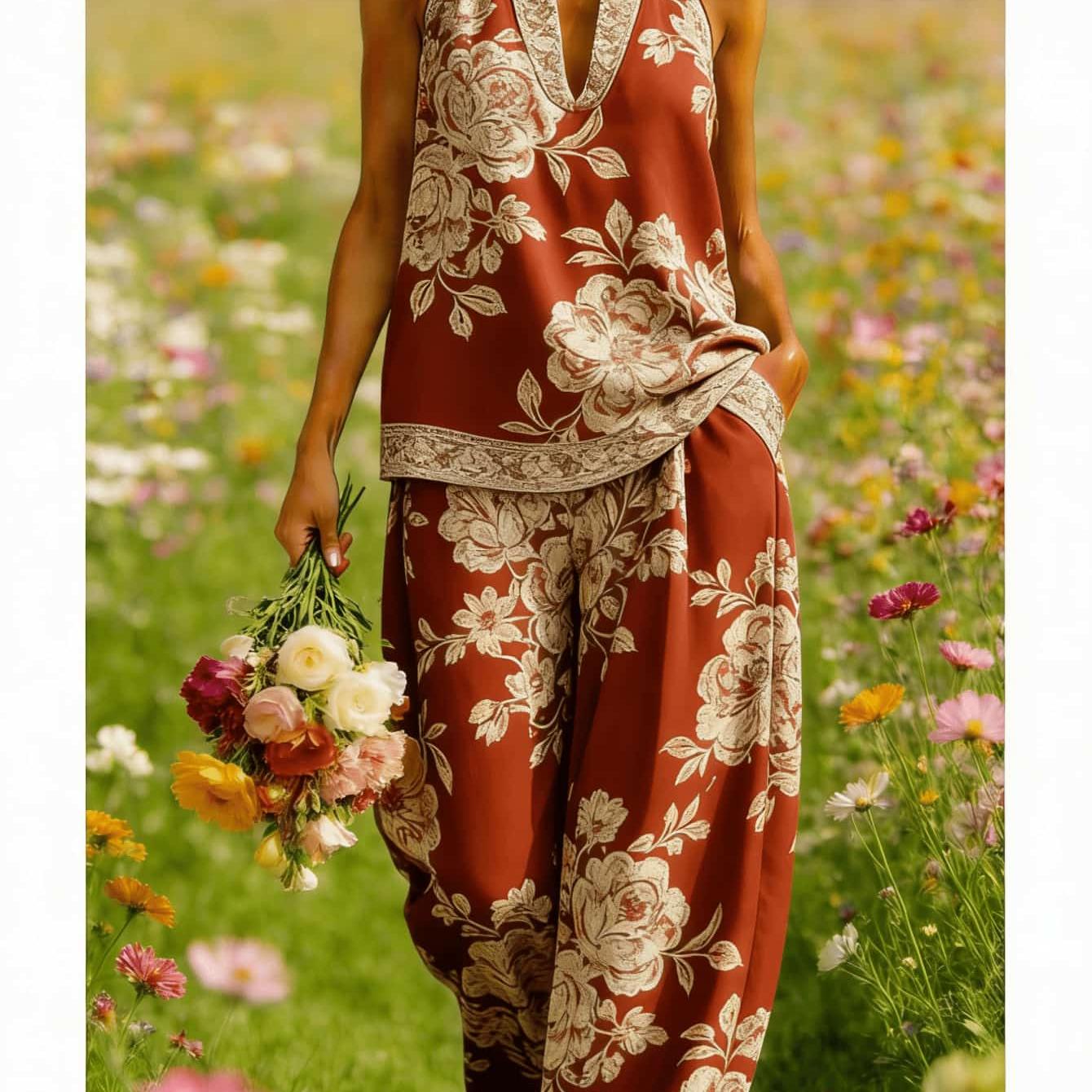 Plus Size, Women's Vintage Terracotta White Damask Floral Print Halter Deep V Neck Sleeveless Tank Top Relaxed Wide Leg Harem Pants Casual Vacation Matching 2pcs Set