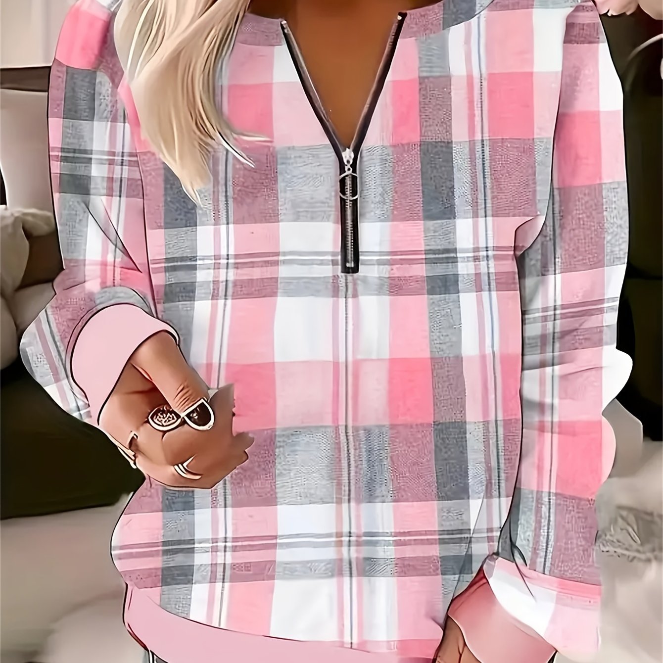 TEMU Plus Size Women's Pink Print Quarter-zip Sweatshirt - Polyester Blend, Loose Fit Long Sleeve Crewneck Pullover With Side Slits, Casual & Homewear (0xl-5xl)