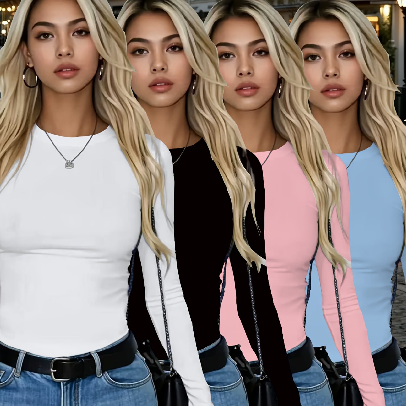 E-shop 4er-Set modische Damen Langarmshirts, Rundhals Freizeitoberteile, mittlere Dehnung, blickdichtes Gewebe, vielseitig, Damen Langarmshirts