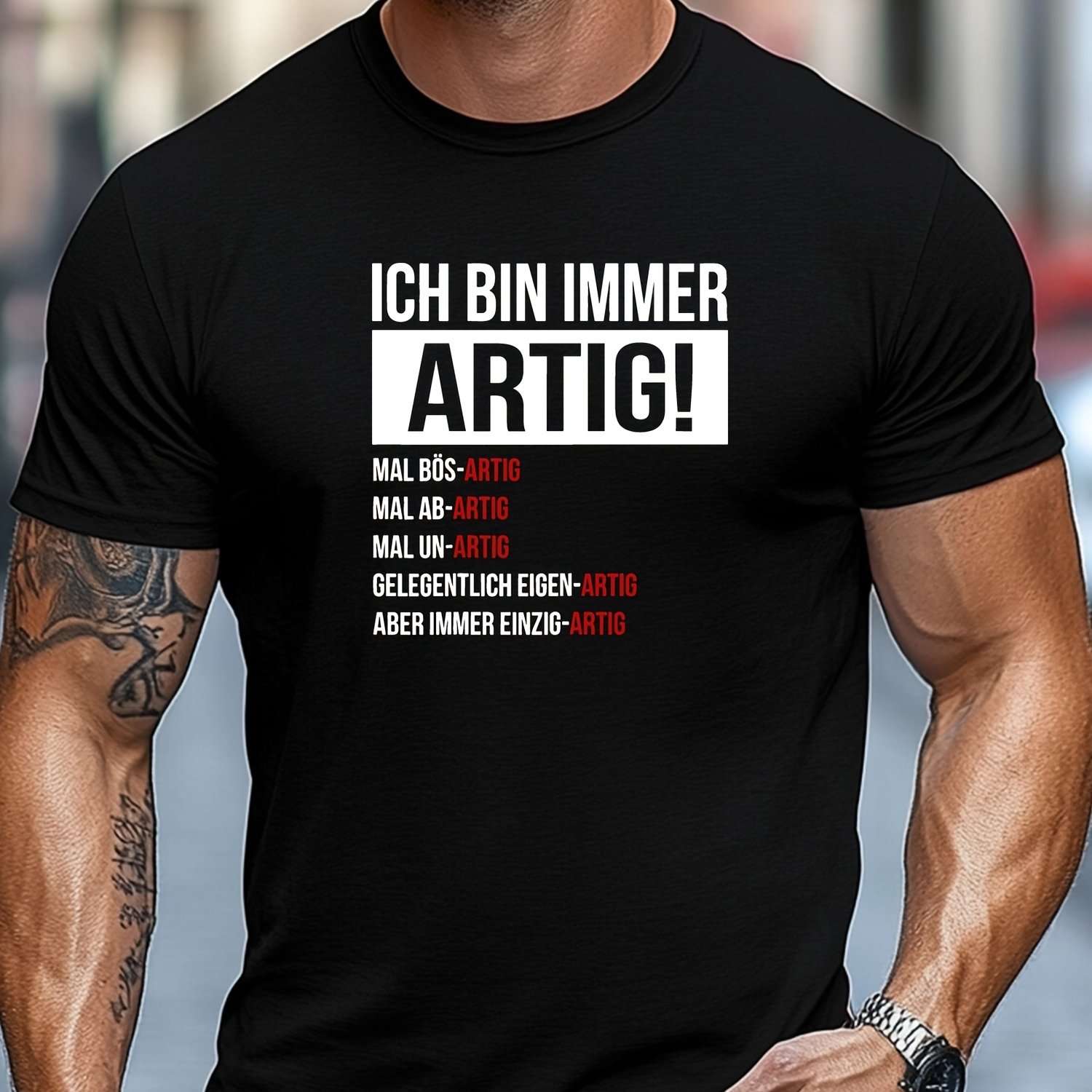 Image of Plus Size Plus Size Men's T-shirt, Comfortable And Versatile, Easy And Clean, Men's Ich Bin Immer ! Pattern Summer Casual Round Neck Short T-shirt, Plus Size