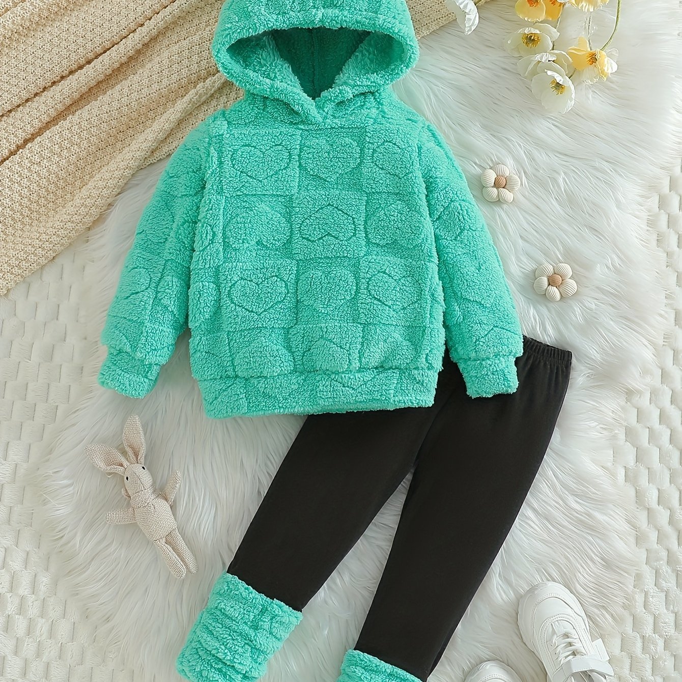 Image of This Stylish And Warm Winter Outfit For Little Features A Heart-patterned Hoodie And Long Pants, Making It Perfect For Outdoor Activities