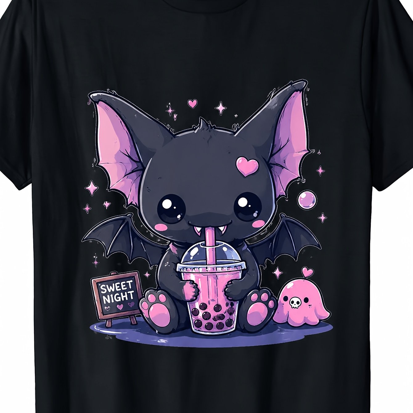 Men's Short Sleeve Crew Neck Graphic T-shirt, Cute Pastel Bat Drinking Bubble Tea With Mini Sweet Night Print, Casual Streetwear Style For Daily Wear And Weekend Outfit