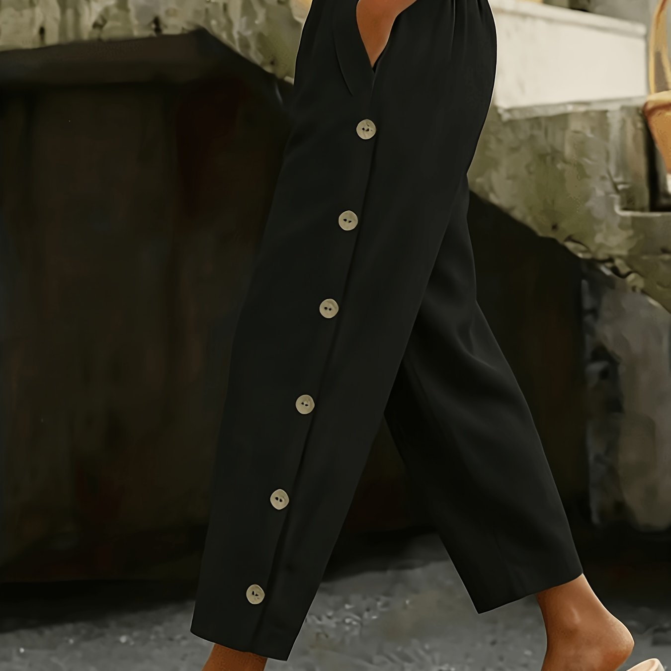 Image of Solid Multi-button Fashion Casual Trousers For Women