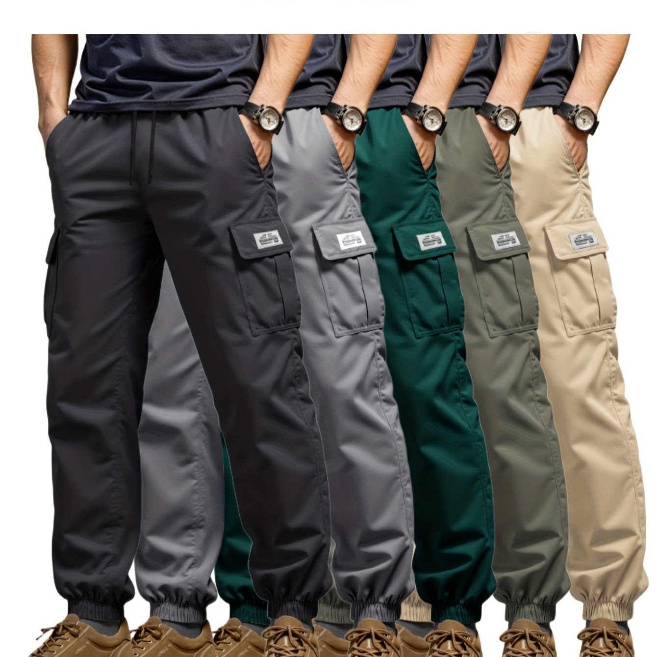 TEMU 5pcs Men's Overalls, Elastic Belt Loose Work Pants, Multi-, Machine Washable Non-elastic Fabric, Suitable For Outdoor/construction/travel, Outdoor Tooling Style, Textured Fabric