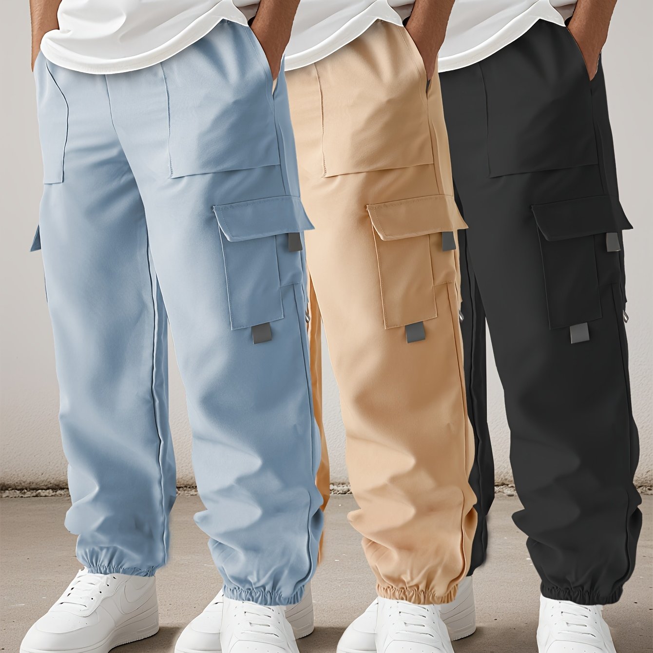 TEMU (3-pc) Boys' Long Pants Athletic Cargo Pants Joggers With Pockets, For Outdoor