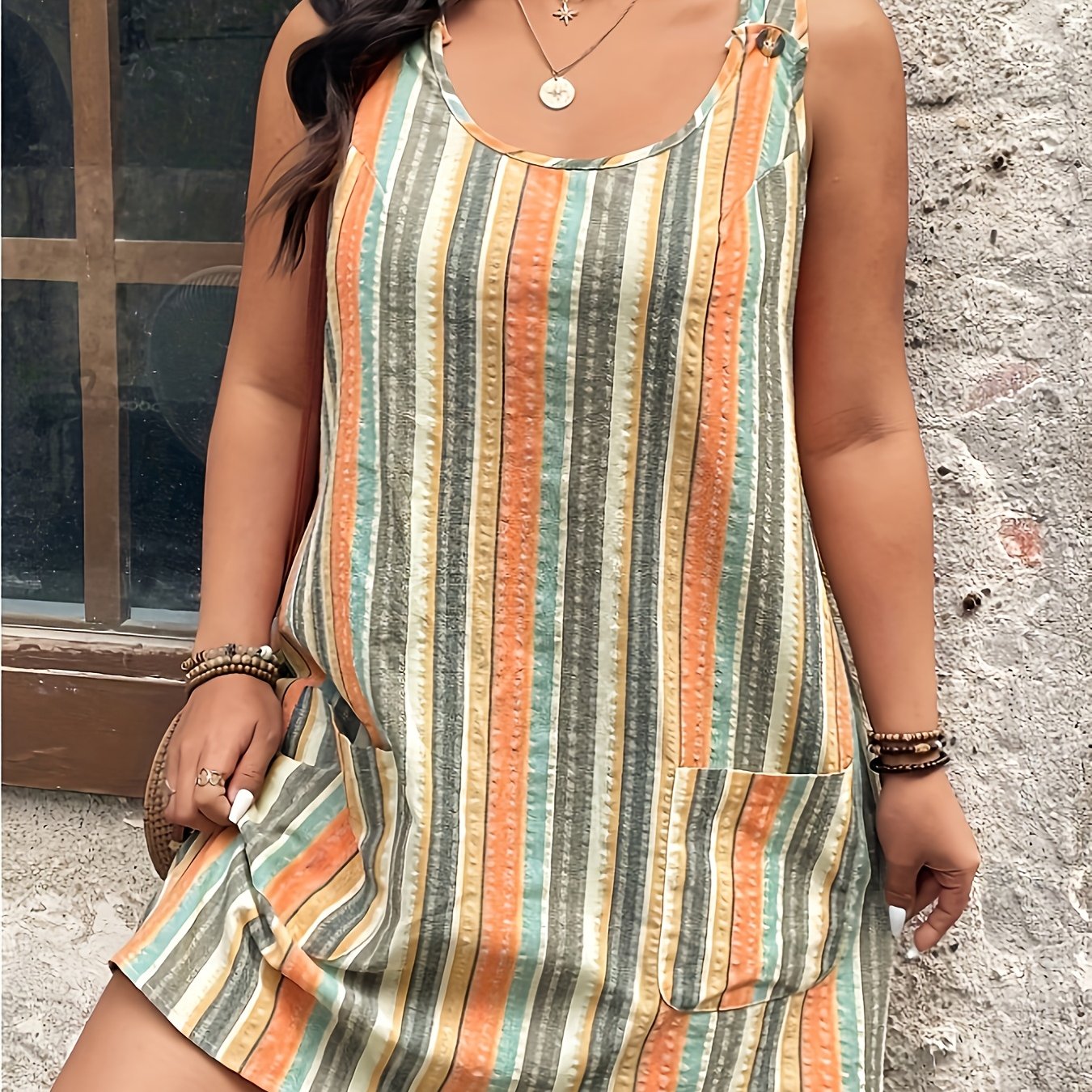 TEMU Plus Size, New Summer Plus Size Women's Striped Sleeveless Suspender Dress With Pockets, Women's Casual Short Dress