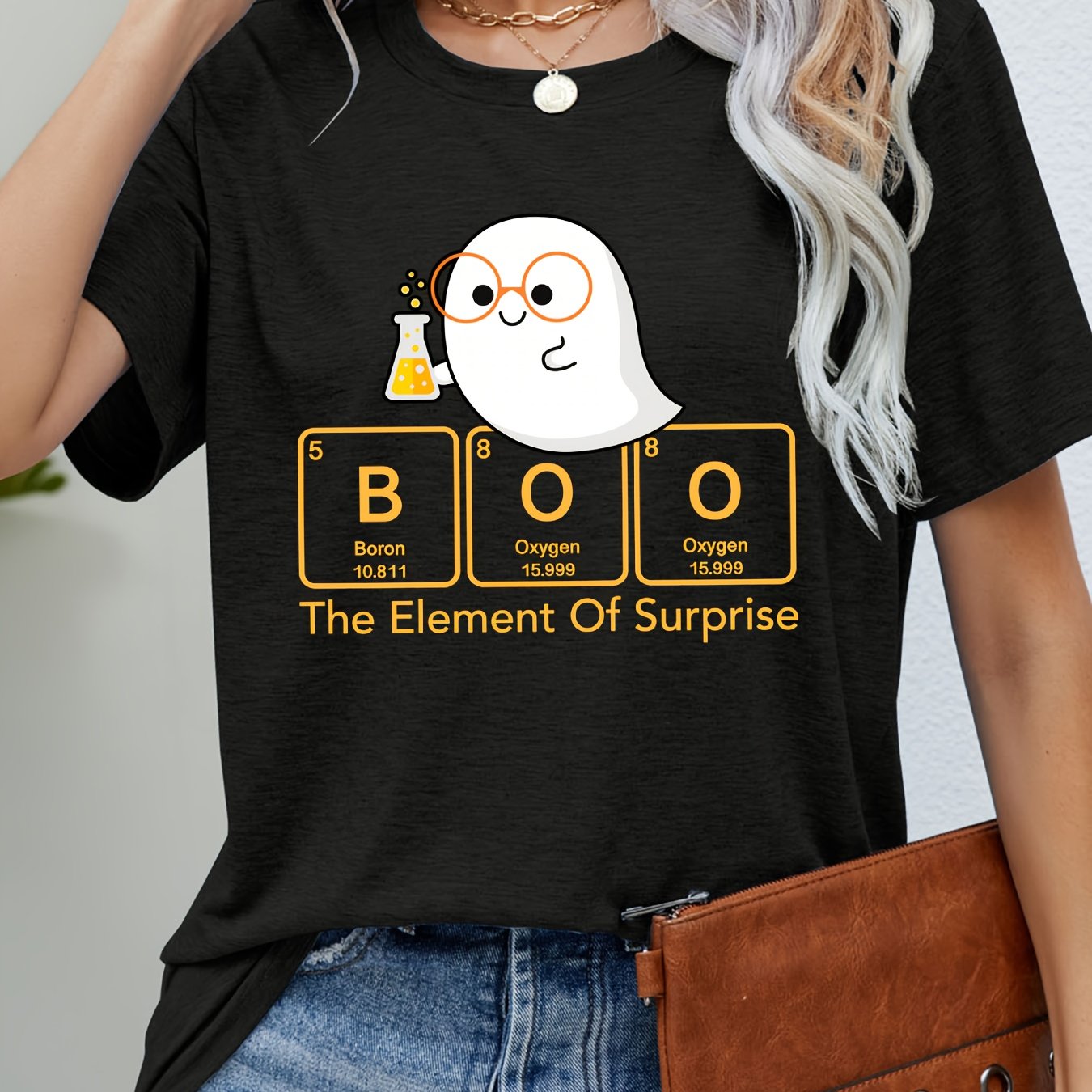TEMU Y-glasses Chemical Elements Print T-shirt, Short-sleeve Crew Neck Casual Top For Summer And Spring, Women's Apparel