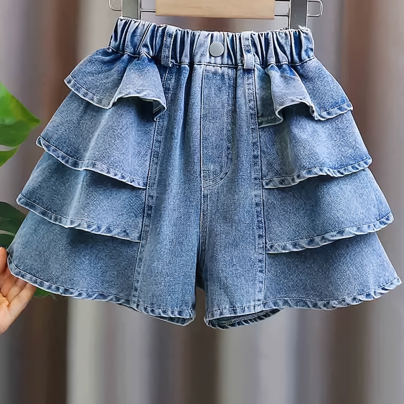 TEMU 100% Cotton Girls Comfy Ruffle Trim Denim Skort Shorts For Summer Party, Culotte