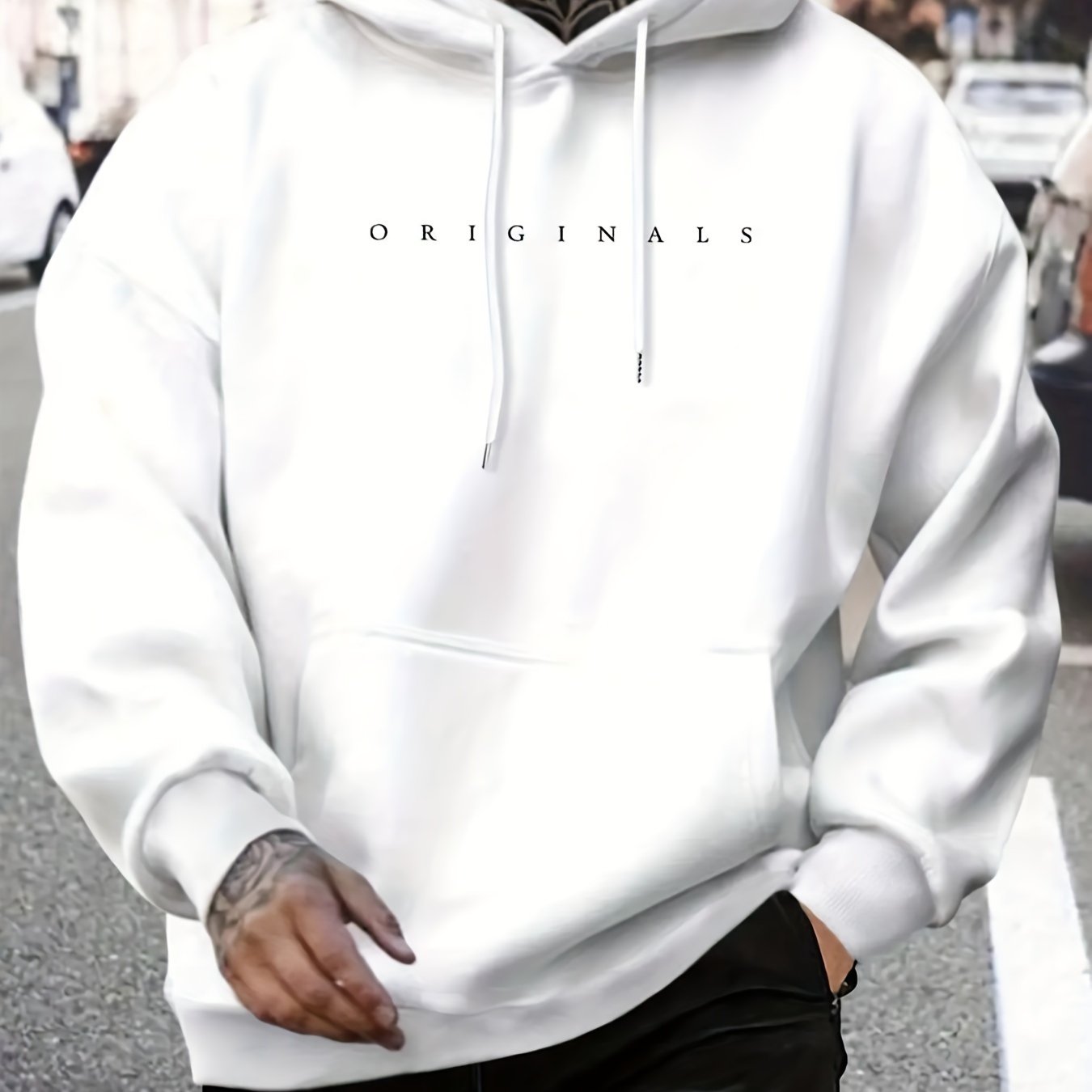 Image of Men's Heavyweight Fleece-lined Hoodie | Winter Sweatshirt With Kangaroo Pocket & Adjustable Hood, Oversized Pullover, Washable, , Crew Neck, Stretch Fabric, Seasonal Fashion, , Cozy Fabric, White