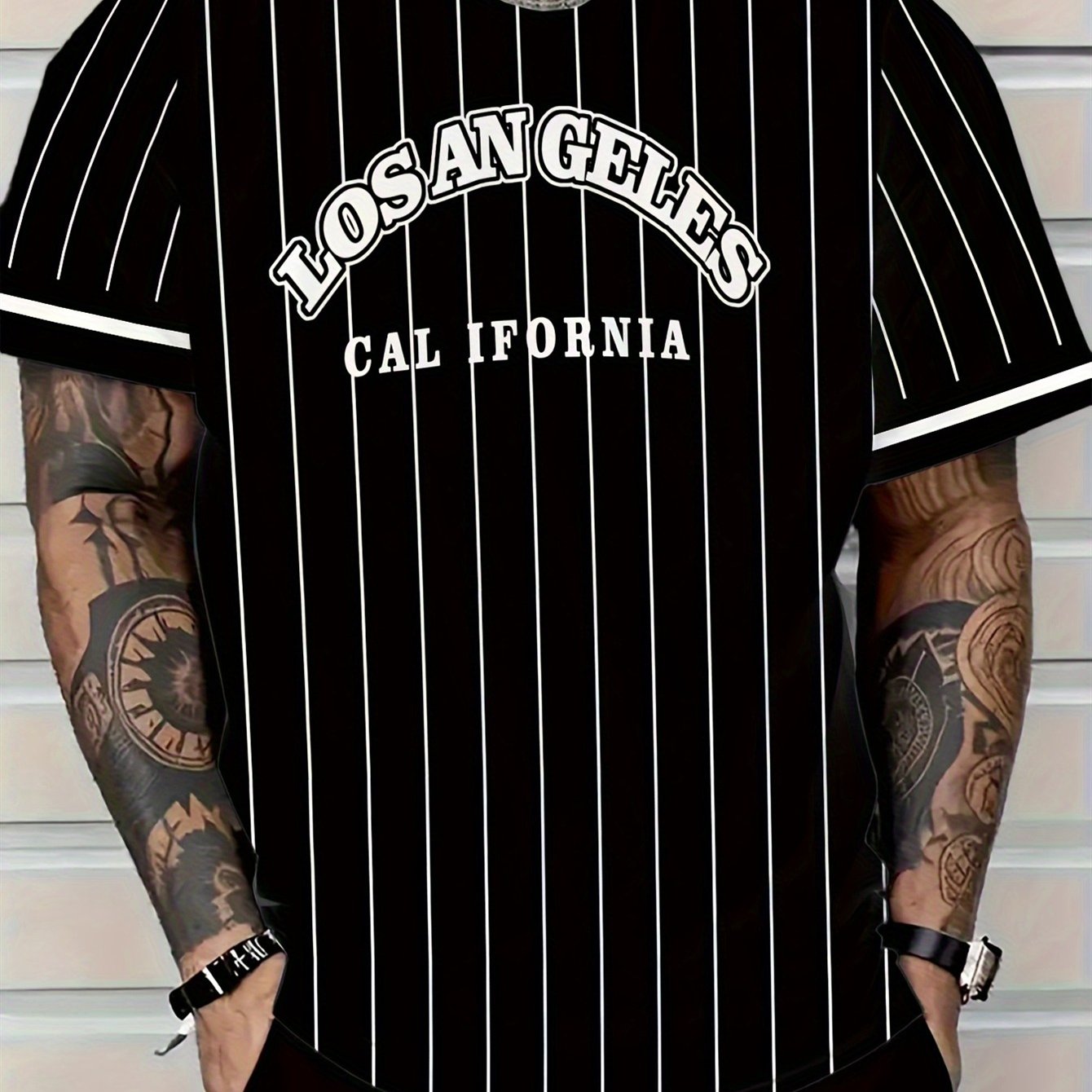 TEMU Men's Los Angeles California Pattern Striped T-shirt - Casual Short Sleeve Crew Neck Summer Tee, Black And White Vertical Stripes Print,