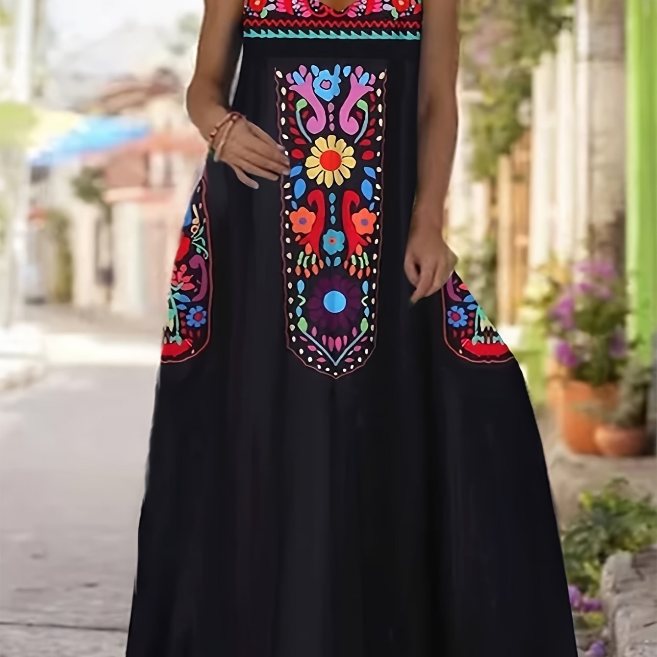 TEMU Vestido de tirantes con estampado floral en tallas grandes, escote en V casual sin mangas para y , ropa de tallas grandes para mujer