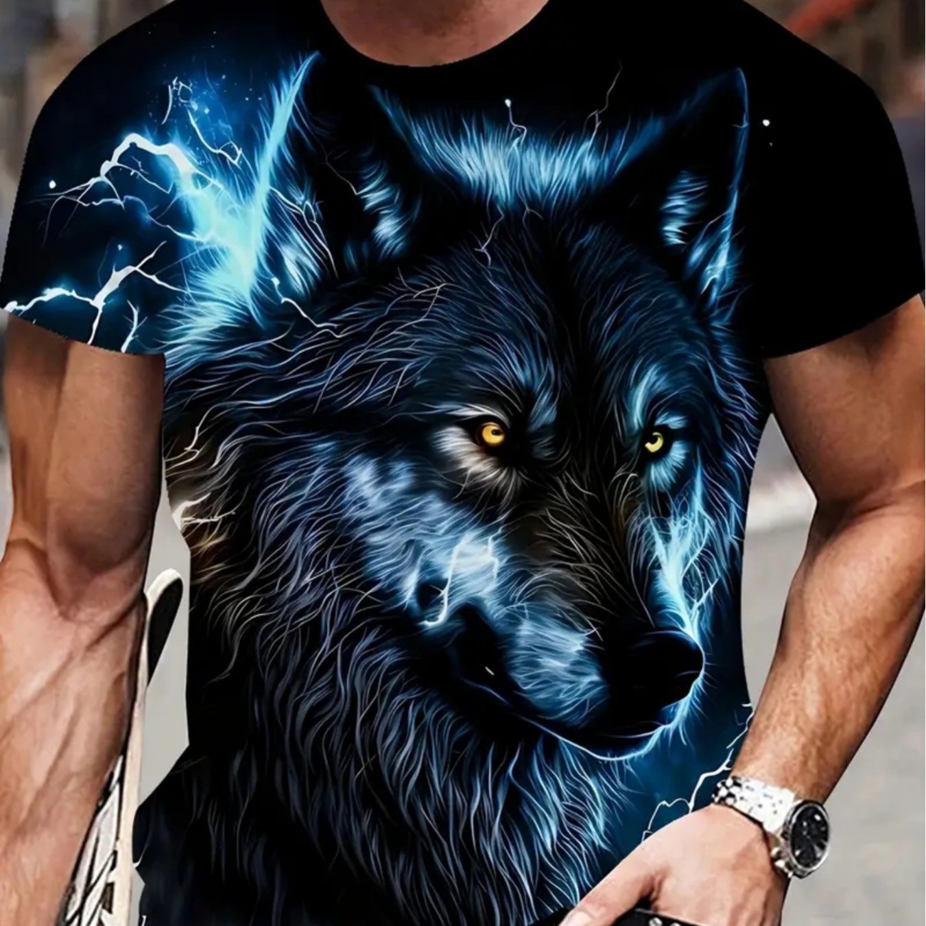 TEMU 1pc Men's Trendy Fashion Blue Wild Wolf Print T-shirt Comfortable Casual Sports T-shirt Slight Stretch Outdoor Wear | Breathable Summer Knit