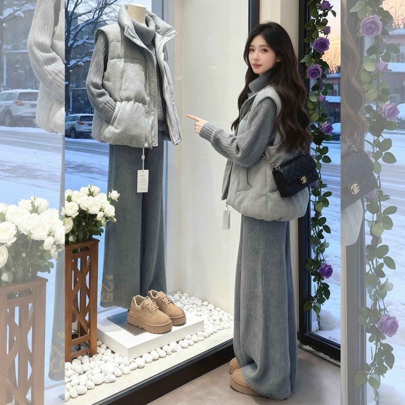 TEMU 【】韓国風 ズボラルーズウェア ベスト + ラペルセーター + ワイドレッグパンツ 秋冬新作