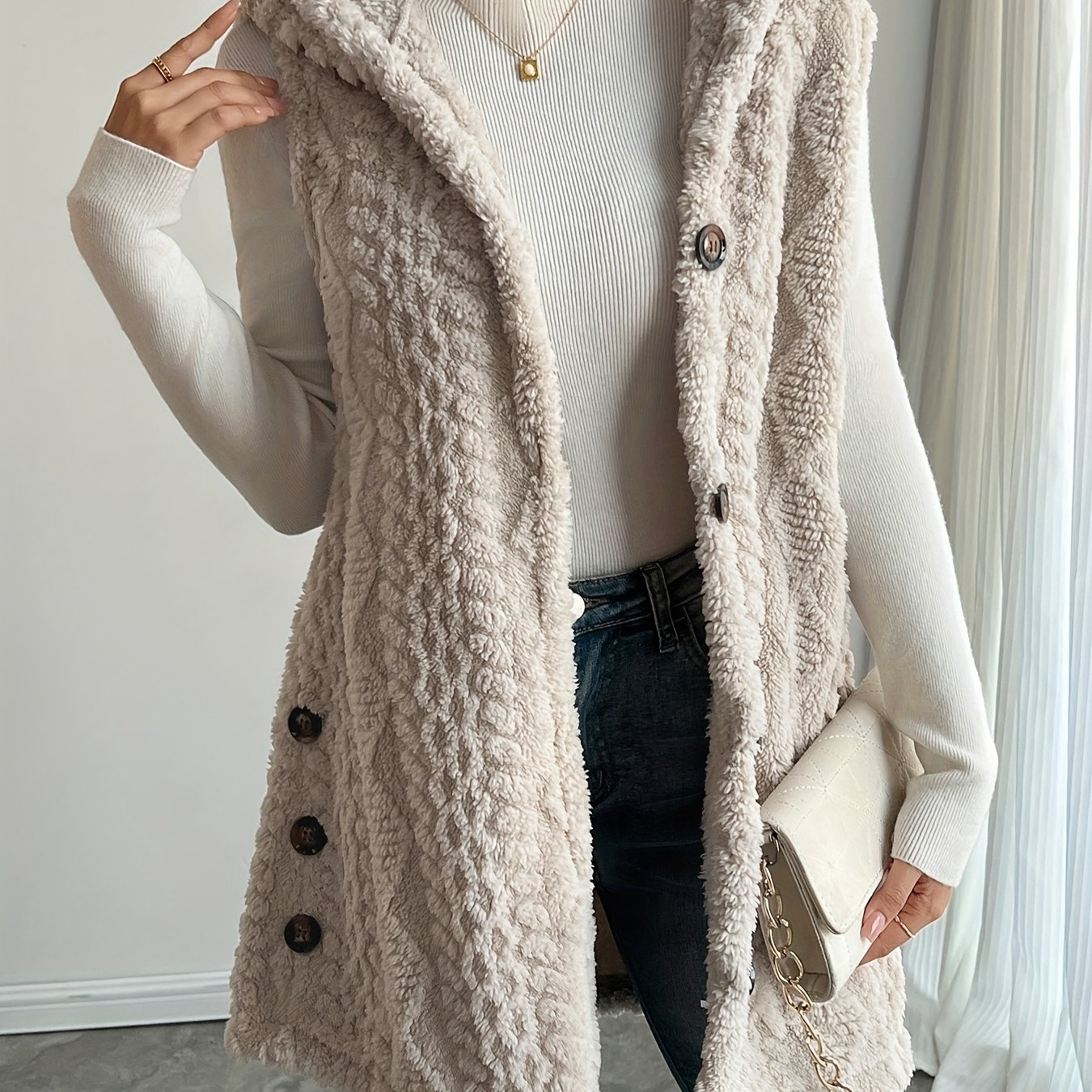 Image of Zhaocai Women' Color Chunky Textured Puffy Hooded Front-open Sleeveless Longline Vest