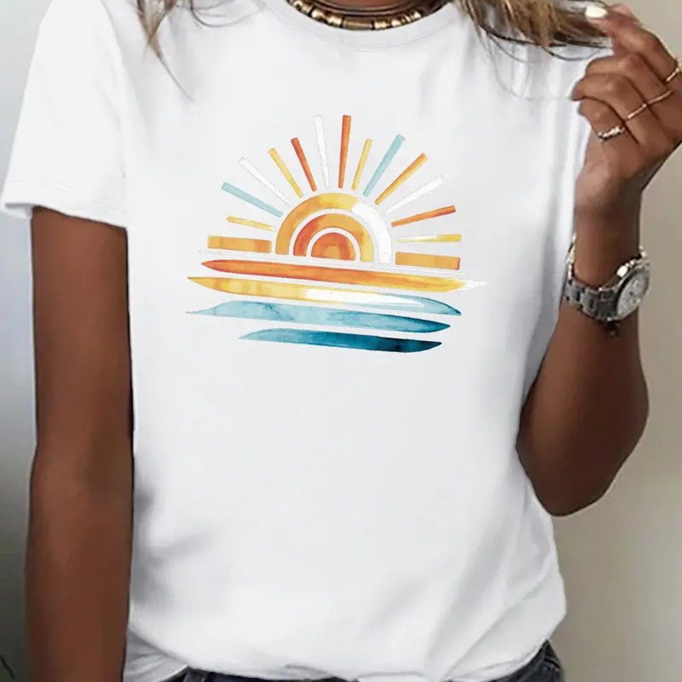 TEMU 1pc, Sunset 's T-shirt, Short Sleeve Round Neck Casual Top, Soft, Breathable, Comfortable Casual Short Sleeve, Suitable For Wearing - Women's Fashion Daily Clothing