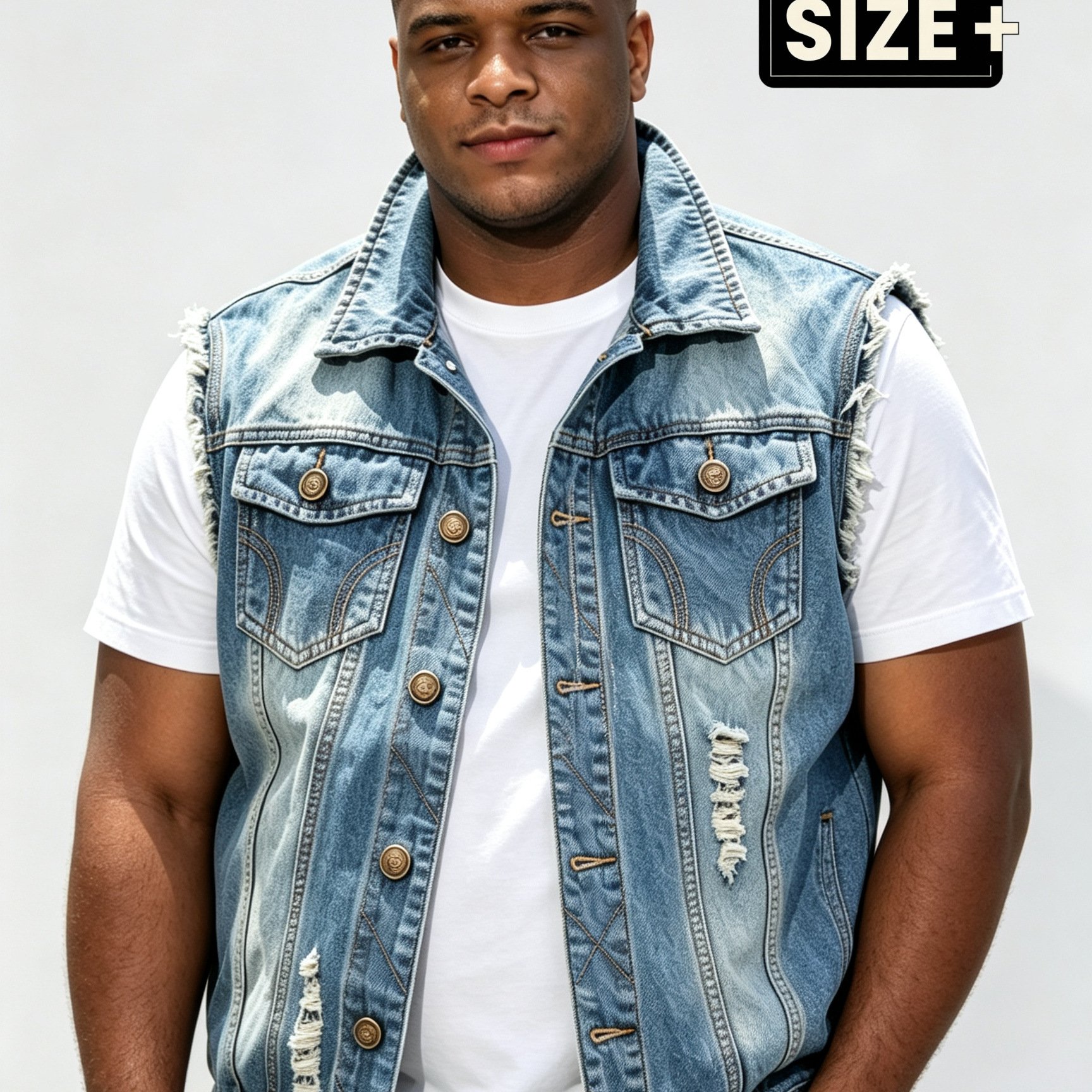 Image of [allsro] Summer Autumn Plus Size Amekaji Denim Vest, Wash, Distressed Ripped Edge Lapel Sleeveless Waistcoat, Retro Biker Outdoor Oversized Casual Outerwear