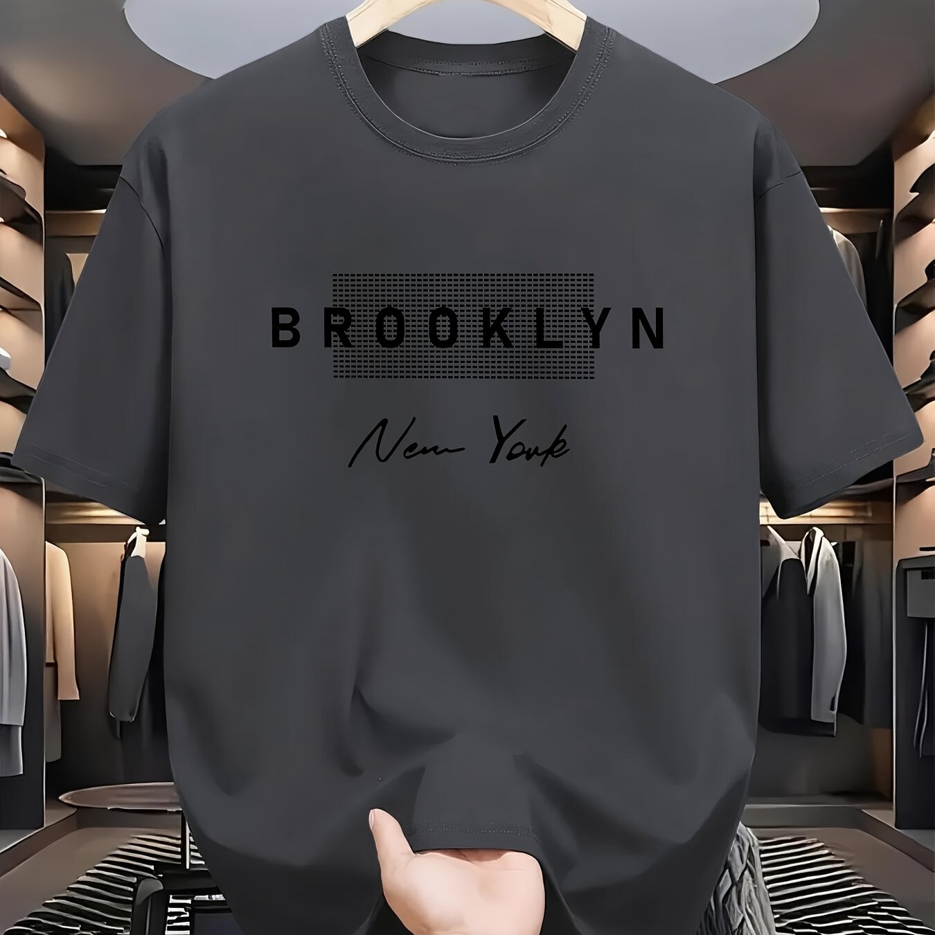 TEMU Brooklyn Men's Letter Printed Round Neck T-shirt, Summer Outdoor Sports T-shirt, Polyester Fiber Fabric, Round Neck Short Sleeve, Loose Casual