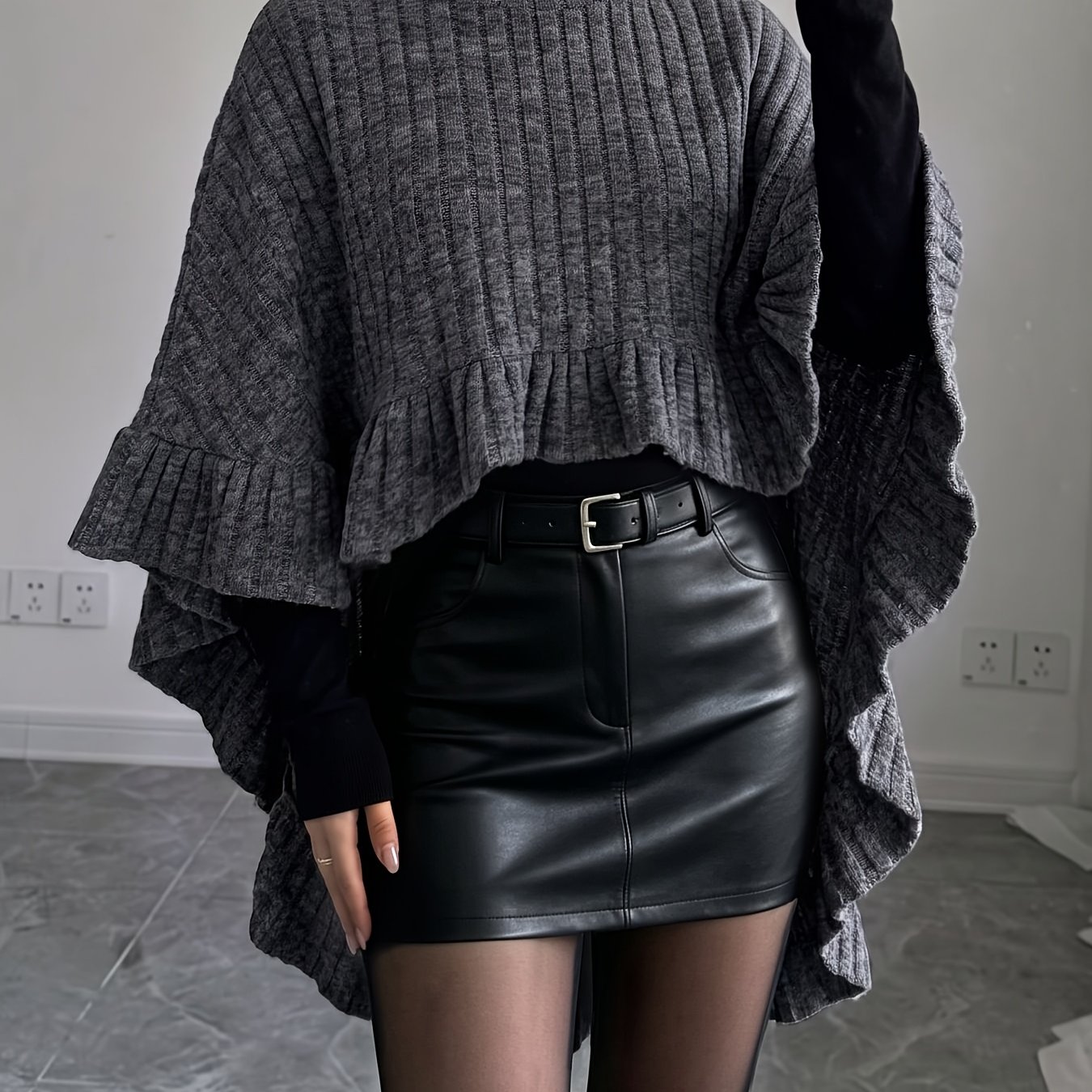 TEMU 2026 Autumn Winter New Style Pinstripe Half-high Neck Cape Top For Women, Front Short Back Long Loose Body-covering Sweater Shawl Coat,