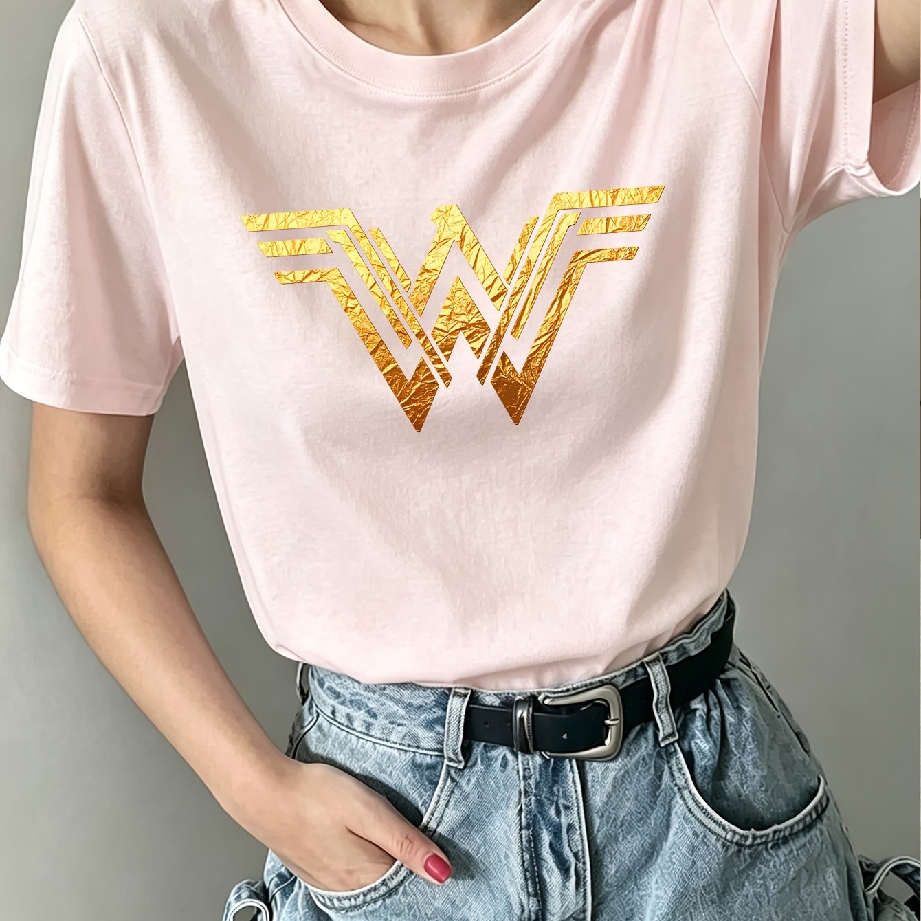 TEMU Women's Crew Neck Short-sleeve Printed T-shirt, Superhero Wonder Woman Logo Print Tee, Women'-sided Printed Top, Suitable For Men And Women,
