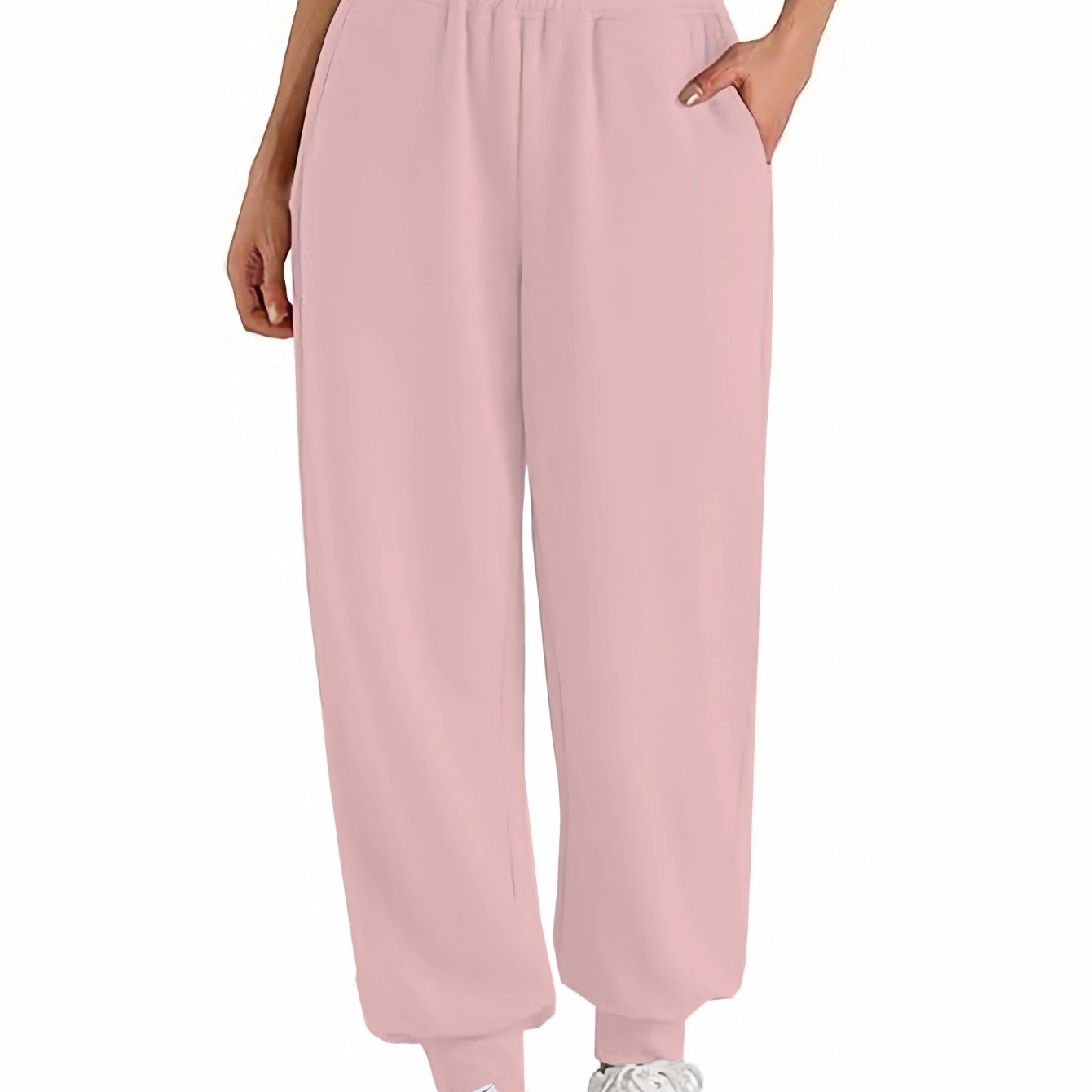 TEMU Pink Solid Color Women's Loose-fitting Joggers - Casual Wide-leg Sweatpants, Elastic Waistband, Machine Washable Winter Warm, Casual Wear -