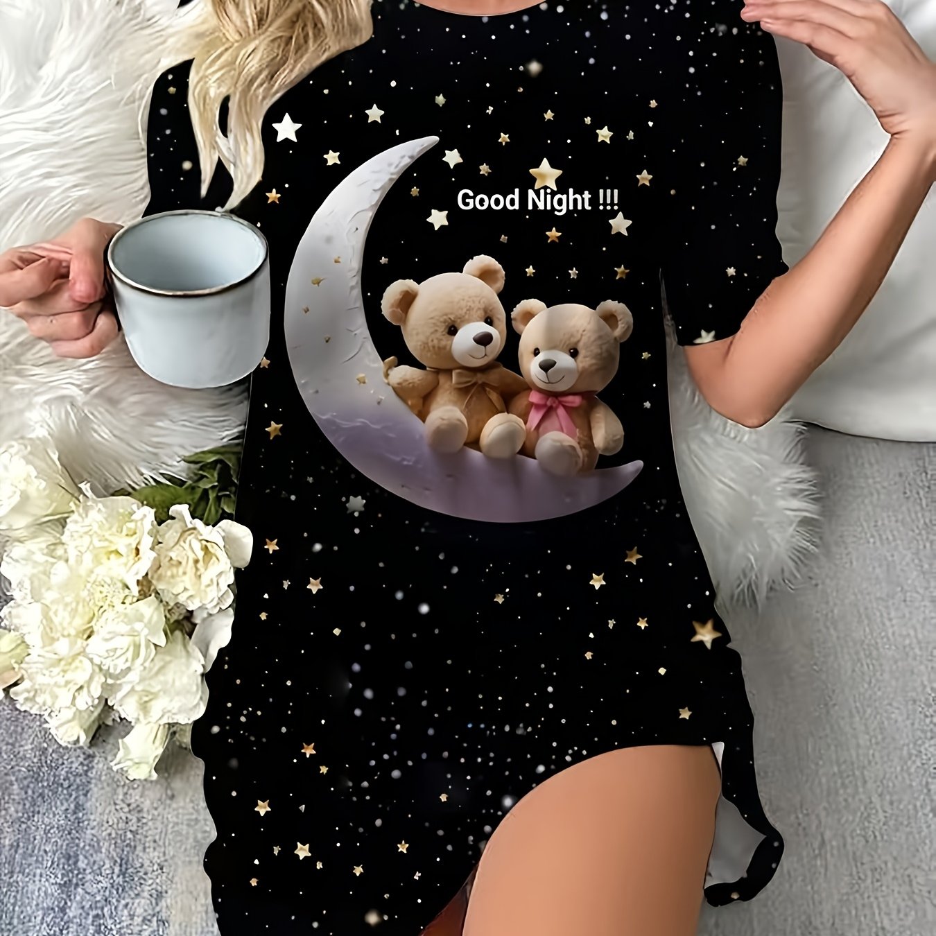 Image of Women's Nightgown With A Teddy Bear, Moon, Stars, And "" Lettering On A Night Sky Pattern, Embellished With Stars. A Polyester- Pajama Suitable For , Machine Washable