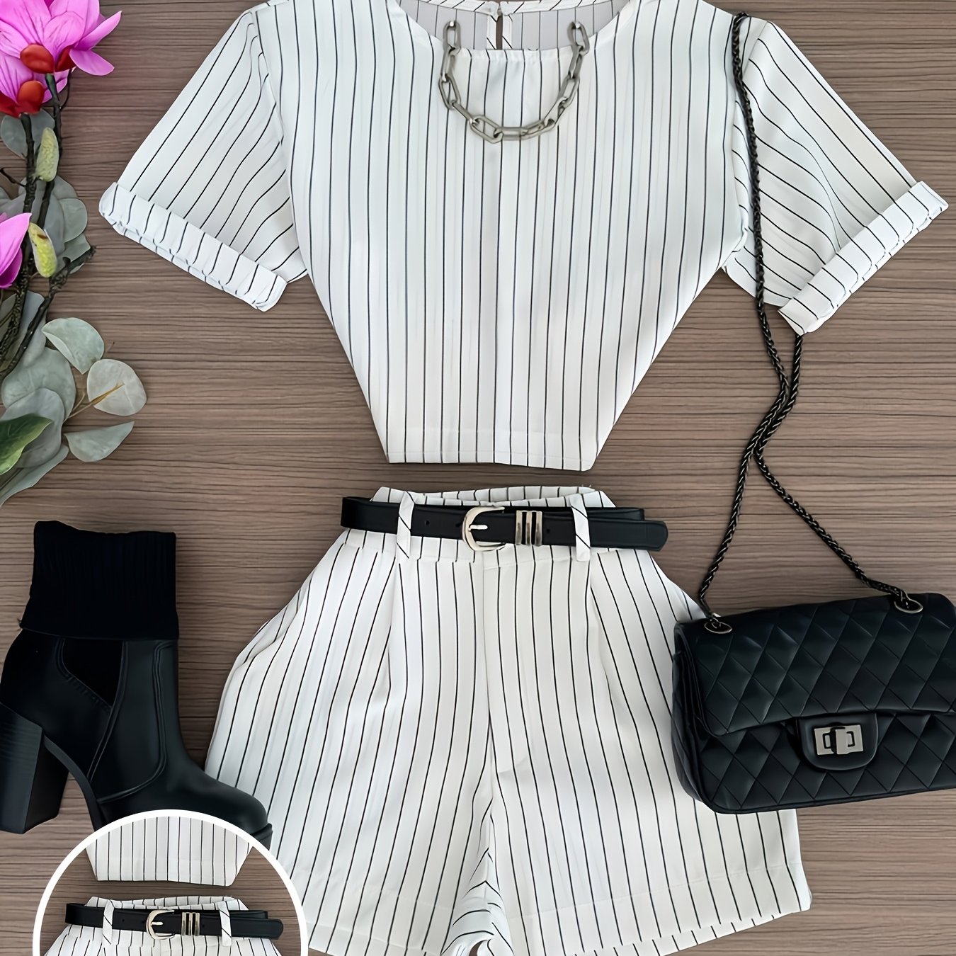 TEMU Women's Summer Elegant Striped Top And Shorts 2pcs Set