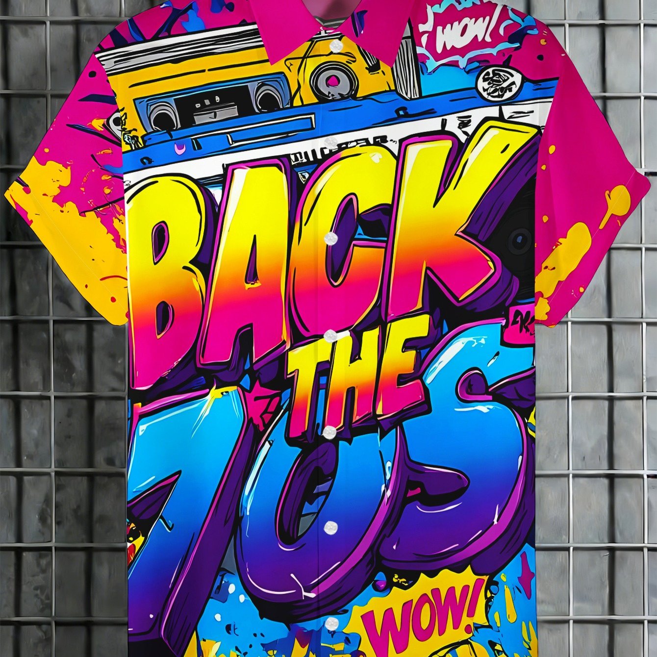 TEMU Short-sleeved Shirt With A Rose-, Featuring A Colorful "back The 70s" Graffiti Print And A Cassette Tape